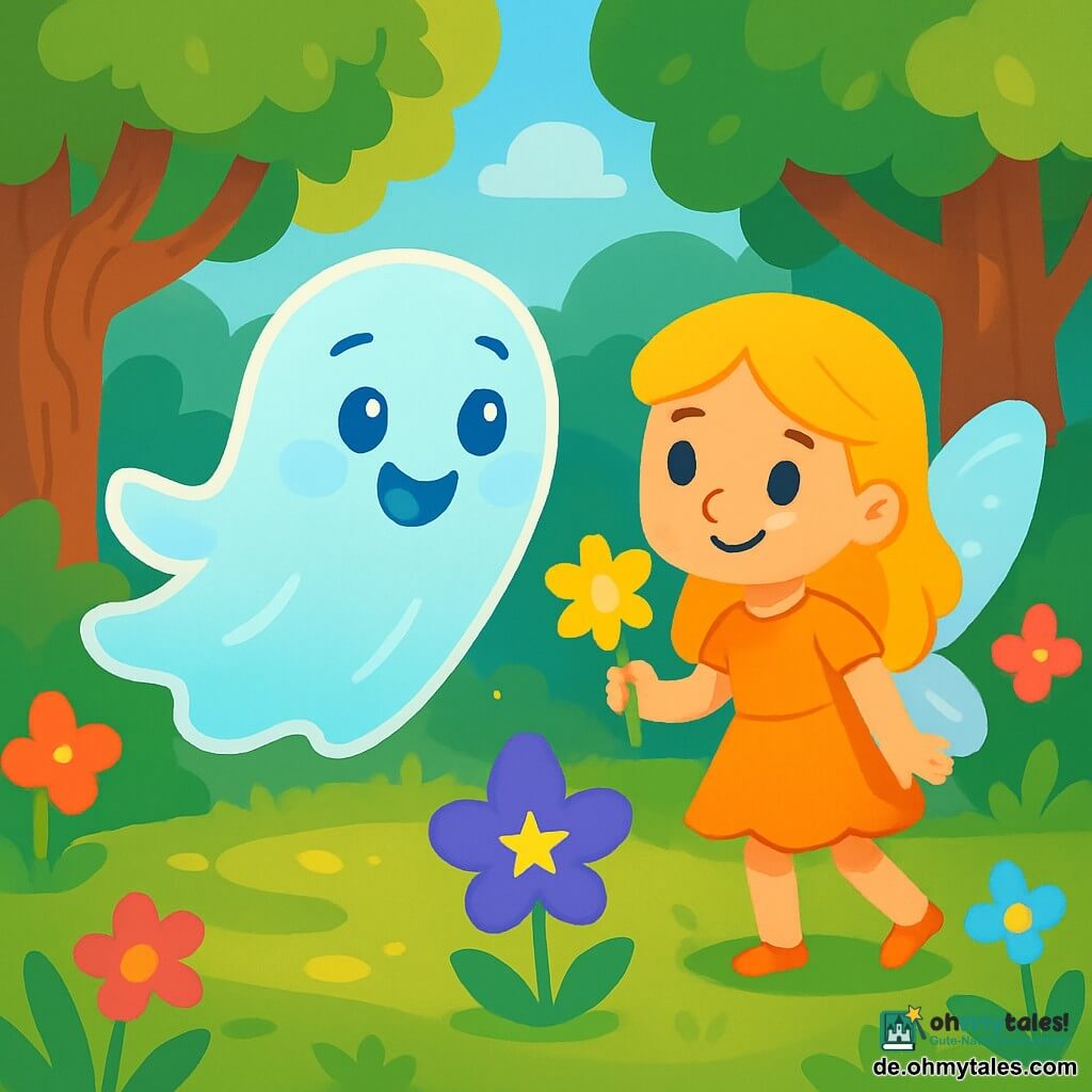 Ein kleiner Geist namens Lilo, mit einem durchsichtigen Körper und neugierigen, funkelnden Augen, schwebt fröhlich über einer sonnigen Lichtung. Sein Gesichtsausdruck ist voller Staunen und Glück, seine leicht verschwommenen Konturen verleihen ihm ein freundliches und einladendes Aussehen. Neben ihm steht eine kleine Elfe namens Mira, ein etwa 8-jähriges Mädchen mit schimmernden Flügeln und goldenen Haaren, die lächelt und eine leuchtende Blume in der Hand hält. Sie steht etwas im Hintergrund und beobachtet Lilo bewundernd. Die Szene spielt in einer verzauberten Lichtung, umgeben von großen, knorrigen Bäumen und bunten Blumen, die im Wind tanzen. Der Boden ist mit weichem, grünem Moos bedeckt, und Sonnenstrahlen brechen durch die Blätter und schaffen goldene Lichtflecken auf dem Boden. Lilo und Mira bereiten sich darauf vor, den Morgen und den Abend zu treffen, symbolisiert durch einen kleinen, sternenklaren Morgen und eine schöne Abendblume, die einige Schritte von ihnen entfernt bereitsteht. Die Atmosphäre ist magisch und voller Versprechen, mit lebhaften Farben und bezaubernden Details.