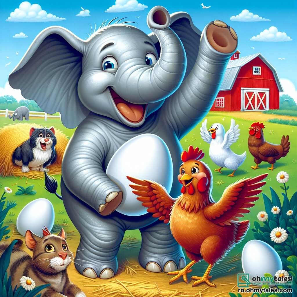 Un elefant vesel numit Didi, cu o piele gri strălucitoare și urechi mari, stă în centrul imaginii, zâmbind larg în timp ce ține un ou alb în trompă. Lângă el, o mică găină roșie numită Gigi, cu pene strălucitoare și ochi sclipitori, sare de bucurie, cu aripile desfăcute, exprimându-și recunoștința. În fundal, o fermă colorată cu un hambar mare roșu, câmpuri verzi și un cer albastru deschis presărat cu nori albi pufoși. Scena arată cum Didi și Gigi sărbătoresc descoperirea oului pierdut, înconjurați de animale curioase, cum ar fi o pisică adormită pe un balot de fân și un câine care îi privește cu un aer amuzat.