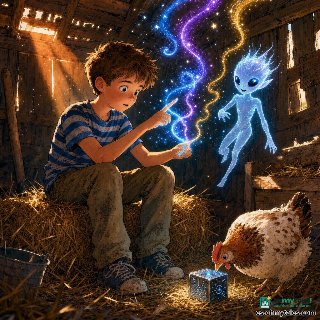 Niño de 10 años, asombrado y concentrado, cabello castaño corto, camiseta azul a rayas y pantalones sucios, sentado sobre un fardo de heno haciendo gestos con los dedos que dibujan estelas luminosas; un pequeño extraterrestre holográfico llamado Zog, de silueta fina y translúcida, cabello puntiagudo luminoso y grandes ojos negros, flota a la altura del hombro a la izquierda del niño sonriendo mientras observa las figuras; una gallina redondeada y curiosa, plumaje blanco con manchas marrones, picotea un pequeño cubo metálico en la paja junto a los pies; en un viejo gallinero de madera con tablas agrietadas y rayos de sol anaranjados filtrándose por las rendijas, el niño juega a un "juego de dedos galáctico" y estrellas y espirales fosforescentes azules, violetas y amarillas se elevan alrededor de sus manos, iluminando los rostros y el cubo con símbolos brillantes.