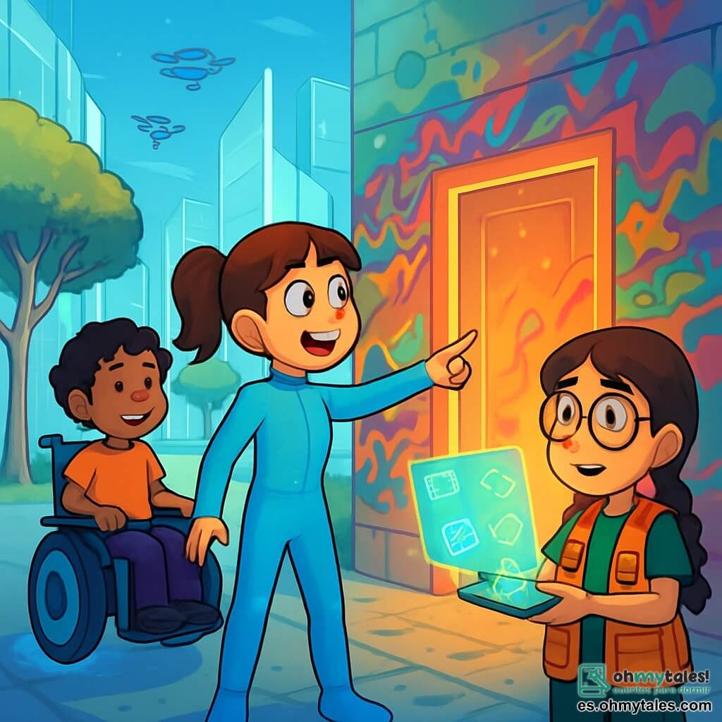 Hay 3 personajes: - Valentina: una niña de 10 años, con cabello castaño recogido en una coleta, que lleva un traje futurista azul claro con patrones brillantes. Ella está en el centro, con los ojos brillantes de emoción, señalando hacia la puerta secreta. - Helena: una niña de 11 años, con cabello corto y rizado, sentada en una silla de ruedas flotante equipada con luces LED. Sonríe con valentía, con las manos en los reposabrazos, lista para explorar. - Sofía: una niña de 10 años, con gafas redondas y cabello trenzado, que lleva un chaleco lleno de gadgets. Está a la derecha de Valentina, sosteniendo un microordenador que proyecta hologramas. El lugar se desarrolla en un barrio futurista llamado Inventópolis, donde los edificios de vidrio orgánico brillan bajo un cielo azul. Árboles inteligentes con troncos plateados bordean las calles, iluminando el camino con luces suaves. Al fondo, una pared de grafitis dinámicos danza con colores vivos, y en el centro, una puerta secreta, medio visible, brilla con un resplandor misterioso. La situación principal muestra a las tres amigas, maravilladas y curiosas, frente a la puerta secreta que parece llamarlas a la aventura. Las luces de los drones en el cielo añaden un toque mágico a la atmósfera, mientras una suave brisa hace danzar las hojas de los árboles.