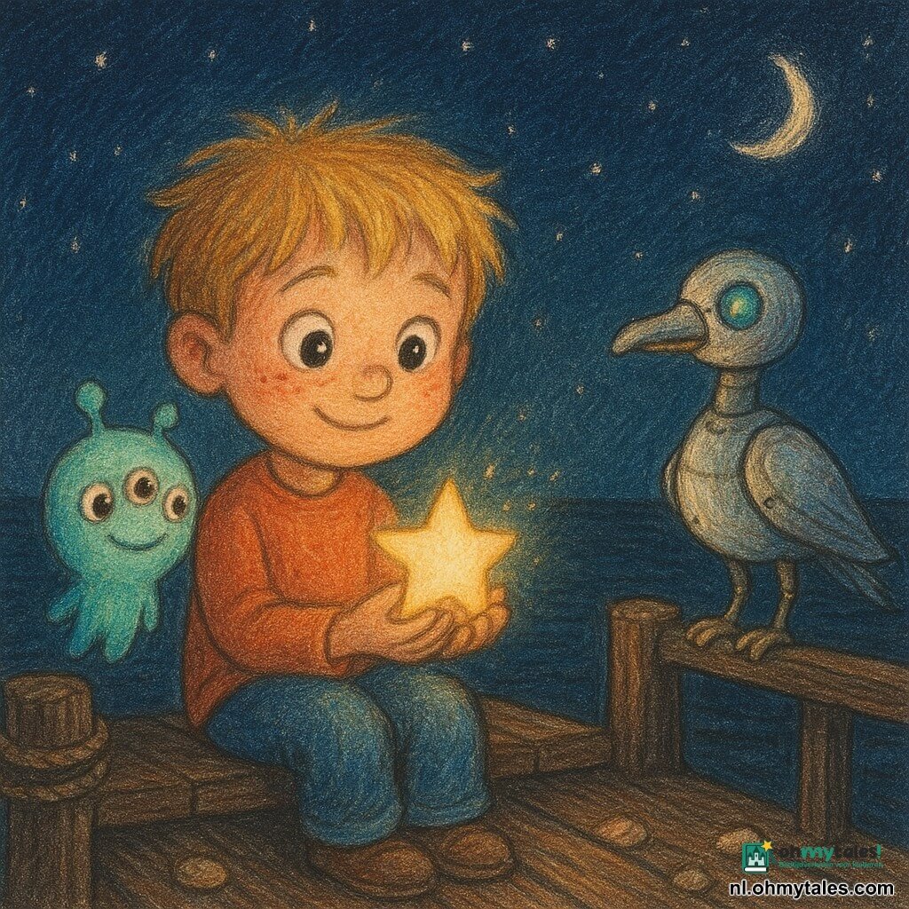 Een 6-jarige jongen met sproeten en warrig blond haar zit op de rand van een oude donkere houten pier en houdt zacht een klein lichtgevend sterretje in zijn hand terwijl hij verlegen glimlacht; een klein ballon-alien Paa met drie ogen en pastel-turkooise fluweelachtige huid drijft bij zijn schouder en blaast gouden vonkjes, en een zilveren robotmeeuw met blauwe lampjes en beweegbare armen zit nieuwsgierig op de reling; de zee is donker en licht glanzend onder de maan, de nachtelijke hemel sterrenrijk, het licht van het sterretje warm tegen het koele blauw van de nacht, met zachte texturen en zichtbare kleurpotloodlijnen.