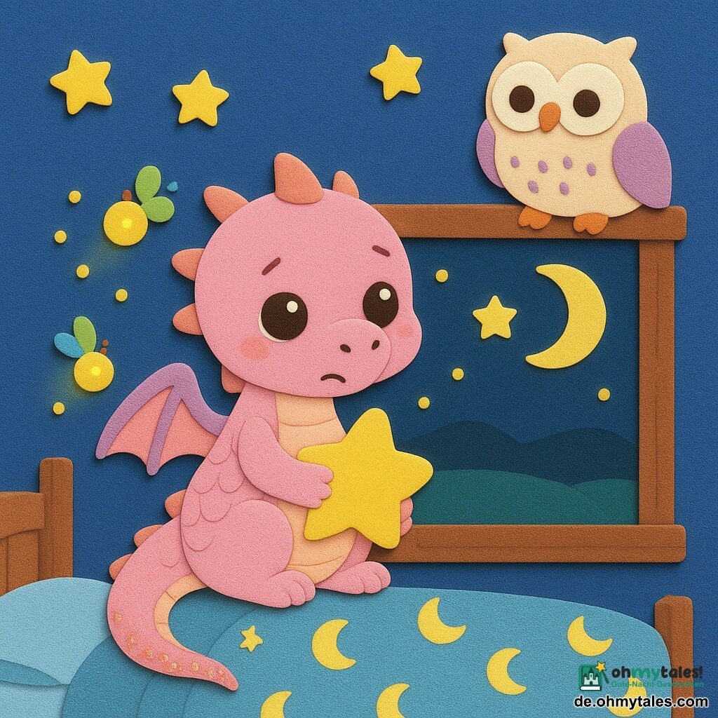 Ein kindlicher Babydrache mit runden, glänzenden Augen, pastellrosigen Schuppen und funkelndem Schwanz, schüchtern-besorgter Blick, sitzt auf einem Holzfensterbrett mit gefalteten Flügeln und hält ein sternförmiges Kissen; eine runde, flauschige Eulenfreundin (kükenähnlich) in Creme mit violetten Flecken sitzt rechts am Fensterrahmen und neigt sich zu ihm, als würde sie sprechen; eine Familie winziger gelb-grüner Glühwürmchen bildet einen sanften Halo um den Drachen, einige nahe seinem Gesicht zum Ermutigen; gemütliches, schlichtes Zimmer mit nachtblauen Wänden und Sternchenaufklebern, Holzbett mit Mondmusterdecke, geöffnetes Fenster zu einer dunklen Wiese und blassem gelben Mondsichel; Szene: zögernder, neugieriger Drache entdeckt die Nacht, Hoffnung und Entdeckung im Gesicht, sanftes Glühwürmchenlicht wärmt und erhellt seine Züge; flacher Grafikstil, dicke Konturen, kontrastreiche Pastellfarben, sichtbare EVA-Schaumtexturen, klare, zentrierte Komposition.