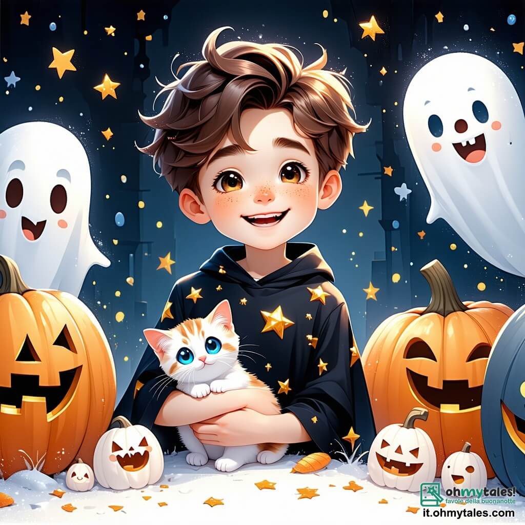 Un ragazzo di 5 anni di nome Luca, con capelli castani in disordine e occhi brillanti di curiosità, indossa un costume di Halloween nero decorato con stelle dorate. Sorride ampiamente, tenendo tra le braccia un gattino bianco con occhi azzurri, che fa le fusa felicemente. Intorno a lui, diversi bambini della sua età, travestiti da fantasmi e mostri colorati, ridono e ballano, portando vita alla scena. Una ragazza con capelli biondi, vestita da strega con un cappello a punta, lancia caramelle in aria, mentre un ragazzo con capelli rossi, travestito da vampiro, fa smorfie divertenti. La scena si svolge in un parco decorato per Halloween, con alberi dalle foglie arancioni e lanterne a forma di zucche che illuminano il sentiero. Risate e grida di gioia risuonano nell'aria fresca della notte di Halloween. Luca, circondato dai suoi amici, scopre un gattino in una casa misteriosa e decide di portarlo alla festa, creando così un momento magico e pieno di amicizia.