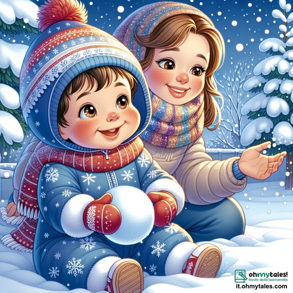 Un bambino di un anno, con guance rosa e occhi scintillanti, è seduto nella neve. Indossa una tuta blu con motivi di fiocchi di neve e un cappello rosso che gli conferisce un'aria gioiosa. Sorride ampiamente, meravigliato dalla neve che lo circonda, mentre sta modellando una palla di neve con le sue piccole mani. Accanto a lui, la mamma, una donna di circa 30 anni con capelli castani raccolti in uno chignon e una grande sciarpa colorata, ride lanciando una palla di neve in aria, guardando il figlio con tenerezza. Si tiene leggermente indietro, incoraggiando il piccolo a giocare. Il luogo è un giardino invernale, coperto da uno spesso strato di neve scintillante sotto il sole invernale, con alberi le cui branche sono cariche di neve e fiocchi che cadono dolcemente dal cielo blu chiaro. La scena principale mostra il bambino felice che scopre la neve per la prima volta, ridendo e giocando con la mamma, creando ricordi magici in un paesaggio invernale incantevole.
