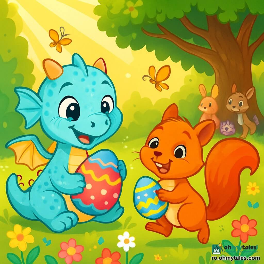 Un mic dragon numit Lilu, cu solzi strălucitori de culoare albastru cer și aripi delicate, zâmbește fericit în timp ce ține un ou de Paște colorat în labe. Ochii săi strălucesc de excitație și curiozitate. Lângă el, o veveriță mică numită Zizi, cu blană roșie strălucitoare și ochi negri sclipitori, sare de bucurie, ținând un alt ou decorat în labe. Decorul este o poieniță însorită, plină de flori colorate, cu raze de soare filtrându-se prin copaci și fluturi mici zburând în jur. În fundal, un mare copac măreț oferă umbră, în timp ce un grup de animale din pădure se adună pentru a admira ouăle de Paște. Scena îi arată pe Lilu și Zizi, înconjurați de prietenii lor, pregătiți să celebreze sărbătoarea Paștelui, cu zâmbete strălucitoare și o atmosferă festivă, plină de culori vii și bucurie.