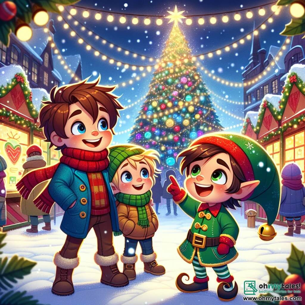 In a magical Christmas market, three main characters stand together. Max, an eight-year-old boy with messy brown hair and a big smile, wears a red scarf and a blue coat. He is pointing at a huge sparkling Christmas tree. Next to him is Sam, another eight-year-old boy with blonde hair and rosy cheeks, dressed in a green hat and a yellow coat. He looks in awe at the tree's decorations. Finally, Elwin, a small elf with pointed ears, wears a bright green costume with golden accents and a cone-shaped hat. He joyfully smiles, holding a small bell in his hand. The Christmas market is filled with colorful stalls illuminated by twinkling lights. Snowflakes gently fall from the sky, creating a magical atmosphere. The scents of cinnamon and hot chocolate fill the air as children laugh and play around the festive decorations. The main scene shows Max, Sam, and Elwin making wishes in front of the big Christmas tree, their eyes shining with excitement and joy, surrounded by sparkling lights and colorful decorations.