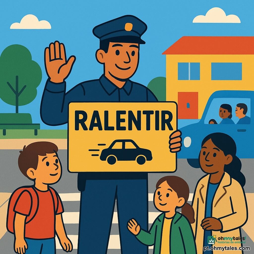 Um polícia de cerca de 35 anos, sorriso suave e olhos expressivos, casaco azul-escuro e boné, segura uma grande placa amarela com a palavra RALENTIR em letras pretas e um pequeno desenho de carro a travar, sinalizando com calma; à esquerda, um rapaz de 7 anos, Tomás, cabelo curto castanho e mochila vermelha, observa-o com admiração junto ao passeio; à direita, uma rapariga de 8 anos, Leonor, cabelo comprido preso e casaco verde-claro, segura a mão da professora e sorri junto à passadeira; a professora Dona Inês, cerca de 40 anos, de casaco bege, mantém o grupo e faz um gesto de calma, parada logo atrás da linha branca; ao fundo um pequeno camião e um carro parados com condutores visíveis a abrandar e janelas abertas, surpresos mas agradecidos; a cena passa-se em frente a uma escola amarela, com uma passadeira branca bem marcada, passeios empedrados, um banco verde, árvores de copa arredondada e céu azul-claro com nuvens; estilo gráfico de cores vivas e planos, formas simples, sombras suaves e composição legível e acolhedora.