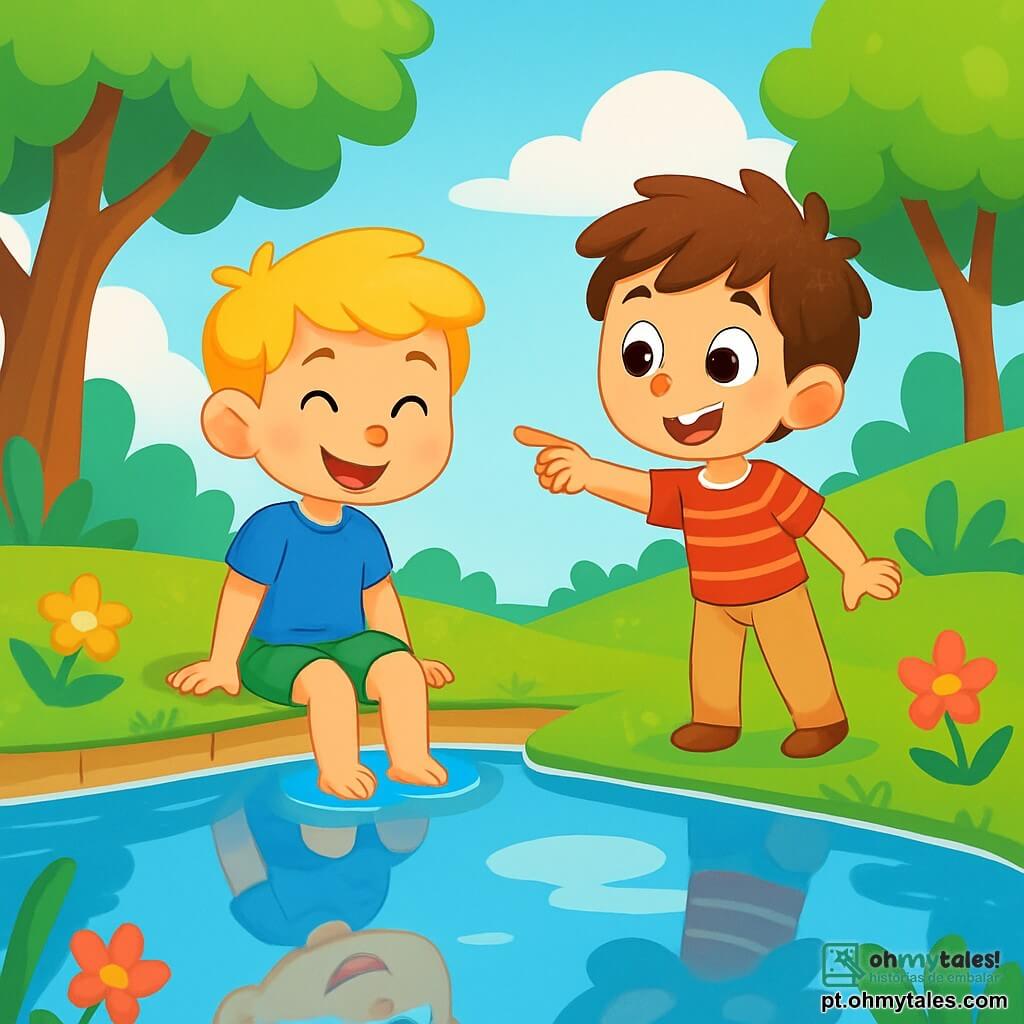 Há 2 personagens principais: - Léo: um garoto de 8 anos com cabelos dourados como o sol, um sorriso radiante e olhos brilhantes. Ele usa uma camiseta azul e um short verde, sentado à beira de um lago, olhando seu reflexo na água. - Pipo: um garoto de 7 anos com cabelos castanhos bagunçados, olhos azuis vivos e grande curiosidade. Ele veste uma camisa listrada vermelha e calças bege, em pé ao lado de Léo, apontando para o lago com um olhar maravilhado. O local da cena principal é um lago mágico, cercado por grandes árvores com folhas verdes vibrantes e flores coloridas que dançam ao vento. A superfície da água é tão clara que reflete o céu azul e as nuvens brancas, criando uma atmosfera tranquila e encantada. A situação principal da história mostra Léo e Pipo à beira do lago, contemplando seus reflexos na água, enquanto conversam alegremente sobre o que os faz felizes e os sonhos que desejam realizar.