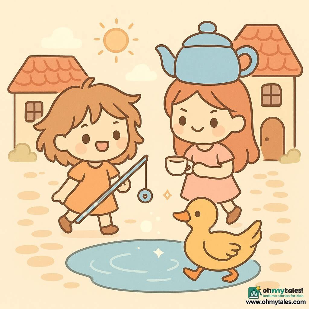 Poppy Puddlewick, an 8-year-old girl, is cheerful and curious, with tousled hair and a mischievous smile. She holds a blue and white striped fishing rod with a button attached to the end. Next to her, Tilda, a 9-year-old girl, wears a teapot-shaped hat and smiles mischievously, holding an imaginary teacup. The duck, with a shiny feather and a proud air, walks in circles, performing a comical parade. The scene takes place around a large puddle in the middle of a cobblestone alley, surrounded by houses with colorful tiled roofs. The sun shines gently, and words float above the puddle, shimmering like soap bubbles.