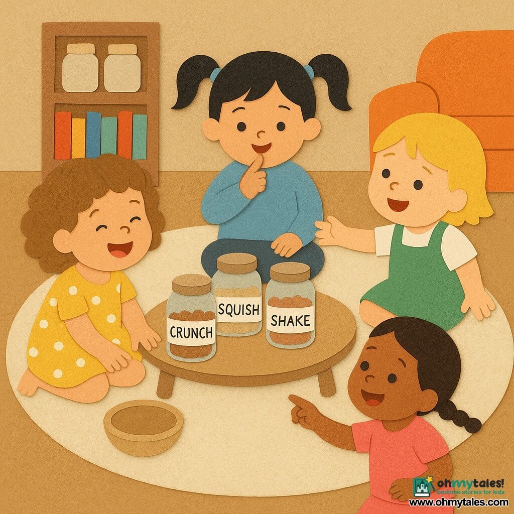 Four toddlers sit around a small wooden table on a round cream rug seen from above: a light-brown curly-haired girl in a yellow polka-dot dress sits left tapping an empty bowl and laughing; a black-haired girl in pigtails and a sky-blue sweater sits top, whispering with a finger near her mouth while looking at the bowl; a short blond girl in a green overall sits right, reaching as if for an imaginary jar; a mixed-race girl with braided hair and a pink tee sits bottom, joyfully pointing at three clear jars on the table labeled CRUNCH, SQUISH, SHAKE. Warm living-room corner with a low shelf of colorful books, soft light and simple shadows; the friends playfully prepare a "mix" for the empty bowl in a bright, tactile, paper-cut–style scene.