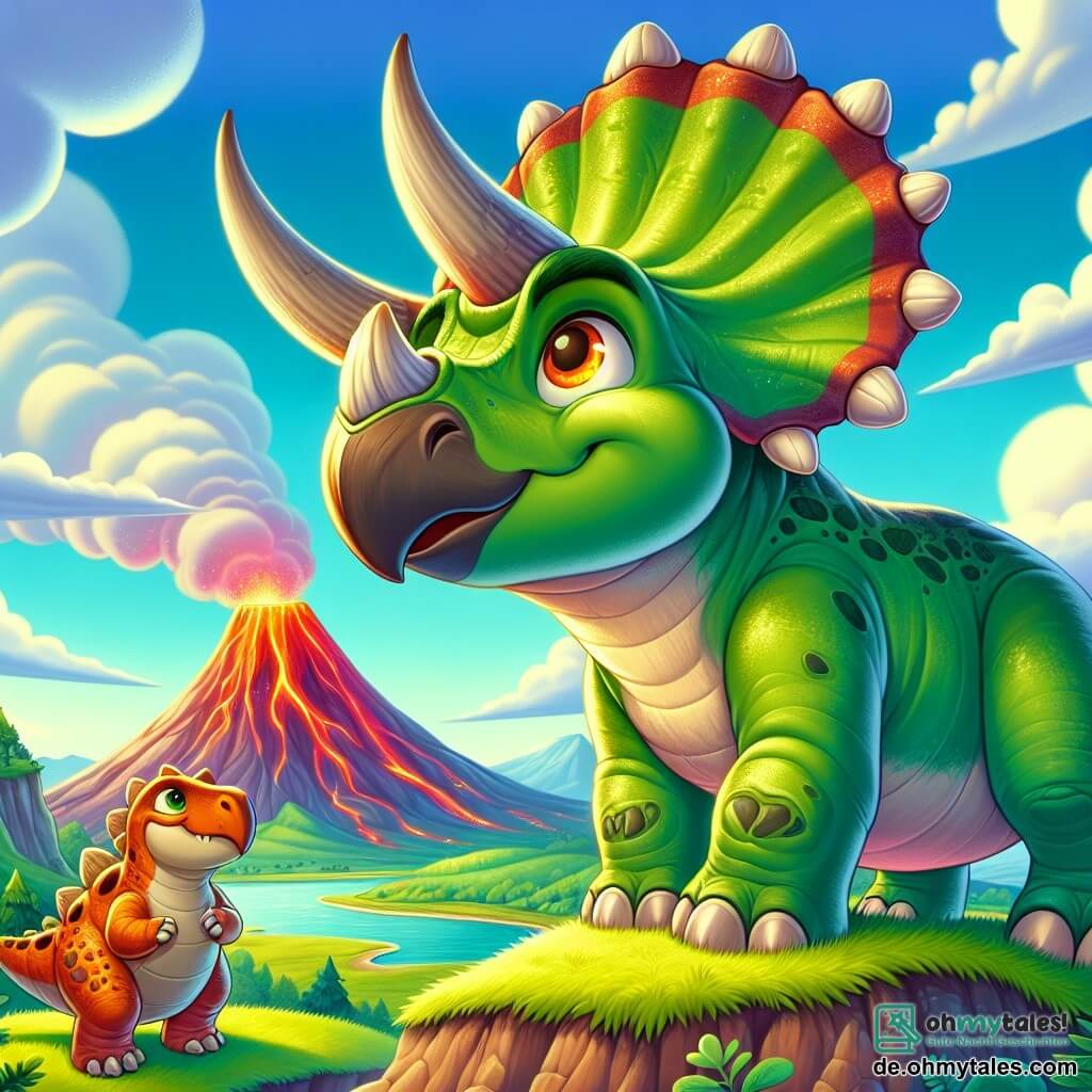 Ein Triceratops namens Trixi mit leuchtend grüner Haut und drei majestätischen Hörnern auf der Stirn zeigt große Entschlossenheit und ein wenig Aufregung, während er stolz auf einem Hügel steht, der einen bunten Vulkan überblickt. Neben ihm beobachtet ein freundlicher Stegosaurus namens Stegi mit orangefarbenen Rückenplatten und einem neugierigen Ausdruck die Landschaft, bereit, ihm bei seinem Abenteuer zu helfen. Im Hintergrund ist der strahlend blaue Himmel mit flauschigen weißen Wolken übersät, während der Vulkan in schillernden Rot- und Orangetönen sanft raucht und eine sowohl magische als auch leicht bedrohliche Atmosphäre schafft. Die Szene fängt den Moment ein, in dem Trixi und Stegi sich darauf vorbereiten, die Herausforderung von Rexor, dem Giganotosaurus, anzunehmen, was Mut und Freundschaft im Angesicht des Unbekannten symbolisiert.
