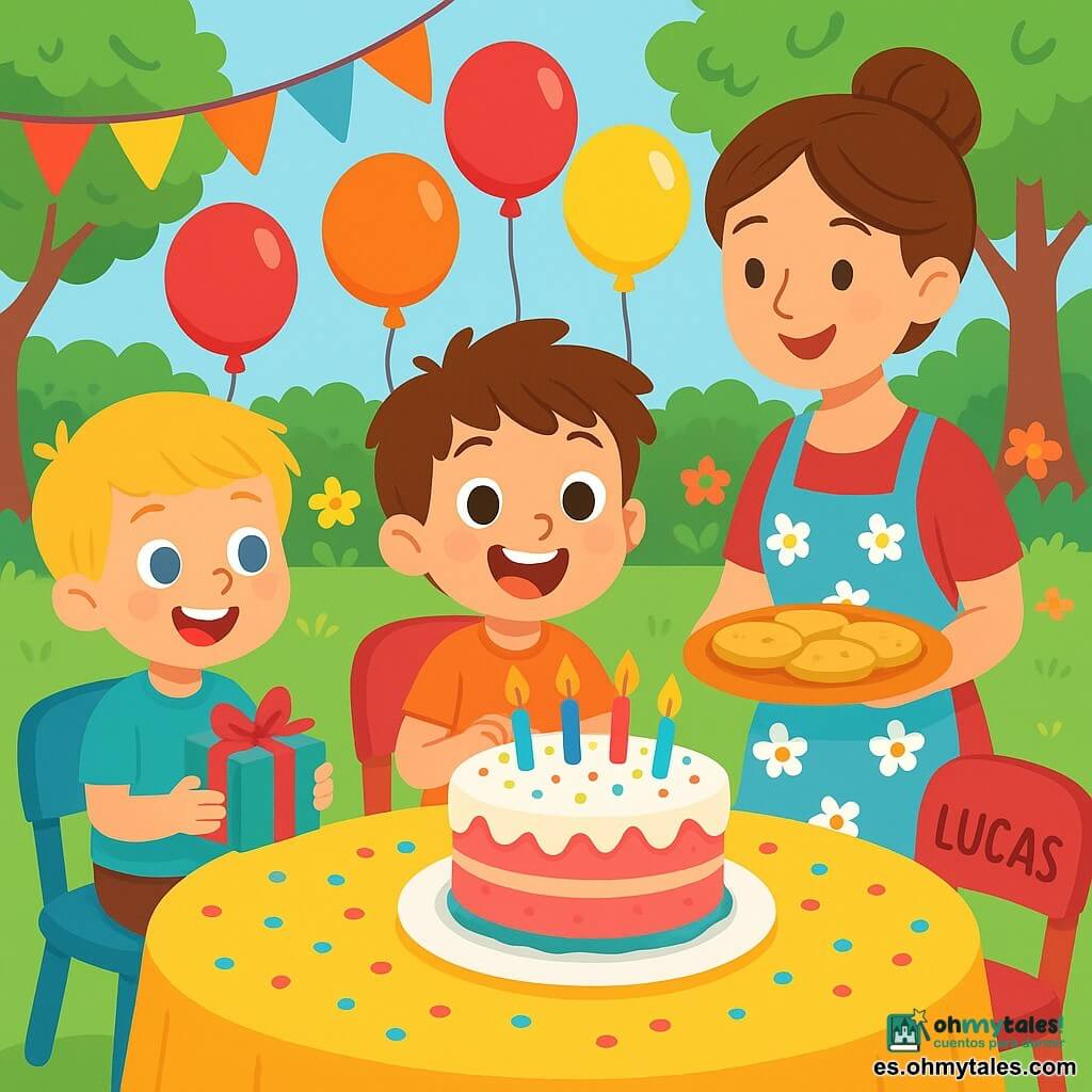 Un niño de 4 años, Lucas, con cabello castaño desordenado y grandes ojos brillantes de alegría, está en el centro de la escena, sonriendo ampliamente con mejillas sonrojadas, rodeado de globos coloridos. A su derecha, su mamá, una mujer de unos treinta años, con el cabello castaño recogido en un moño, lleva un delantal de flores y sostiene una bandeja de deliciosas tortitas. A su izquierda, Pablo, un niño de 4 años con cabello rubio y ojos azules, mira a Lucas con una sonrisa maravillada, sosteniendo una pequeña caja de regalos. La escena se desarrolla en un jardín soleado, lleno de flores brillantes y guirnaldas de colores vivos colgadas de los árboles. Una gran mesa decorada con confeti y un hermoso pastel de cumpleaños se encuentra en el centro, rodeada de sillas coloridas. Lucas, con aire de emoción, está a punto de soplar las velas del pastel, mientras sus amigos cantan alegremente a su alrededor, creando una atmósfera festiva y cálida.