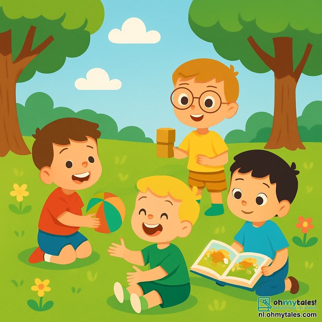 Er zijn 4 kinderen: Tom, een 5-jarig jongetje met bruin haar en sprankelende ogen, draagt een rood t-shirt en een blauwe short. Hij zit op het gras met een gekleurde bal. Sam, ook 5 jaar, heeft blond haar en een stralende glimlach, draagt een groen t-shirt en een korte broek en staat naast Tom, klaar om de bal te vangen. Ben, een 6-jarige jongen met kastanjebruin haar en een bril, draagt een geel t-shirt en een gestreepte short, staat iets verderop met een blok hout en glimlacht. Joris, 5 jaar, heeft zwart haar en nieuwsgierige ogen, draagt een lichtblauw t-shirt en een beige broek, zit naast Tom en kijkt naar een geïllustreerd boek. De scène speelt zich af in een zonnig park met groen gras en kleurrijke bloemen, terwijl majestueuze bomen schaduw bieden en de blauwe lucht met witte wolken een zachte sfeer toevoegt. De kinderen spelen samen, Tom en Sam gooien de bal naar elkaar terwijl Ben een toren van blokken bouwt en Joris op het gras een boek met mooie dierenillustraties doorblader. De sfeer is vrolijk en vriendschappelijk, vol gelach en saamhorigheid.