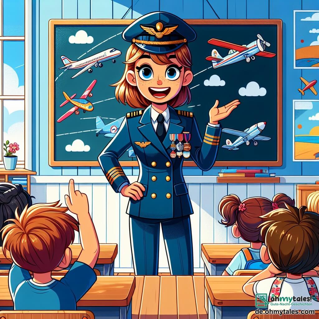 Die Hauptfigur ist eine Pilotin, Kapitänin Emma Himmelsflug, mit kastanienbraunen Haaren, die zu einem Dutt gebunden sind, und trägt eine glänzende blaue Uniform mit Medaillen. Sie lächelt breit und zeigt ihre Leidenschaft für das Fliegen, während sie vor einer großen Tafel steht und den Kindern erklärt. Zu den Nebenfiguren gehört Max, ein etwa 8-jähriger Junge mit zerzausten blonden Haaren und einem roten T-Shirt, der begeistert die Hand hebt, um mehr über das Fliegen zu erfahren. Neben ihm sitzt Mia, ein 7-jähriges Mädchen mit braunen Zöpfen und einem Blumenkleid, die aufmerksam mit weit aufgerissenen Augen zuhört. Die Szene spielt in einem hellen Klassenzimmer mit Fenstern, die Sonnenlicht hereinlassen, bunten Plakaten an den Wänden, die Flugzeuge und Wolken zeigen, und Holztischen, um die die Kinder im Kreis um Emma sitzen. Die Hauptsituation zeigt, wie Emma die Aufmerksamkeit der Kinder fesselt, indem sie faszinierende Geschichten über ihre Abenteuer als Pilotin erzählt, während draußen ein Gewitter aufzieht und einen Kontrast zwischen der Aufregung des Lernens und dem Unwetter schafft.