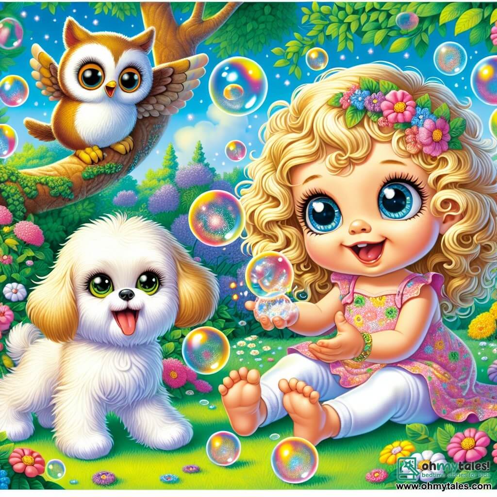 A one-year-old girl named Lila, with big bright eyes and curly golden hair, joyfully smiles while holding a sparkling button in her small hands. She is sitting on the green grass, surrounded by colorful bubbles floating around her, her face radiating wonder and happiness. Next to her, her fluffy dog Bingo, a small white dog with large floppy ears, jumps excitedly trying to catch the bubbles with his tongue, his expression full of excitement. Further away, Grumpy Old Owl, a brown-feathered owl with round eyes, perches on a tree branch, looking amused yet slightly annoyed as he observes the scene. The setting is a magical garden filled with vibrant flowers that seem to smile and wiggle under the bright sun. Gnarled trees with lush leaves surround the garden, creating an enchanted atmosphere. The main scene shows Lila and Bingo having fun popping sparkling bubbles, while the flowers seem to laugh and Grumpy Old Owl watches them with a mix of curiosity and disapproval, all in a joyful and playful ambiance.