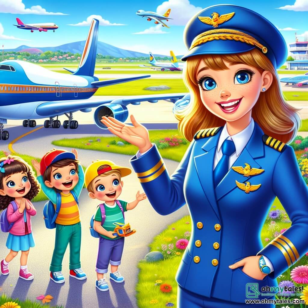 In the foreground, a smiling pilot woman, Captain Lucy, wears a bright blue uniform with a golden cap. Her eyes sparkle with joy and excitement as she stands next to her large blue airplane, arms open, ready to welcome her young friends. Beside her is a group of four enthusiastic children: a 7-year-old girl with curly hair and a yellow hat, raising her hand and smiling; a 6-year-old boy in a red cap, mimicking airplane gestures with his arms; a 5-year-old girl with bright eyes, looking at Captain Lucy in admiration; and an 8-year-old boy with blonde hair, holding a small plastic airplane model. The setting is a sunny airport, with a clear blue sky dotted with fluffy white clouds. In the background, other colorful airplanes are parked on the tarmac, surrounded by greenery and colorful flowers. The scene shows Captain Lucy explaining to the children how to become a pilot, using animated gestures, while they listen attentively, filled with wonder and curiosity.