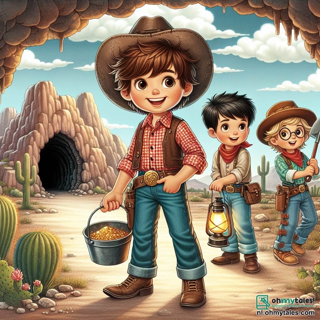 Een jonge cowboy genaamd Jack, een jongen van ongeveer 12 jaar met rommelig bruin haar en een grote glimlach, staat trots voor een kleine grot. Hij draagt een versleten cowboyhoed, een rood geruit shirt en denim broek. Zijn ogen stralen van opwinding terwijl hij een schep in de ene hand en een pan in de andere houdt, klaar om een verborgen schat te ontdekken. Naast hem staat Sam, een 11-jarig jongetje met kort blond haar en ronde bril, die nieuwsgierig naar de grot kijkt. Hij houdt een olielamp vast die het donkere pad verlicht. Iets verderop staat Lily, een 10-jarig meisje met lange gevlochten bruine haren, klaar met een vastberaden glimlach en een schatkaart in haar handen. De scène speelt zich af in een woestijnlandschap van het Wilde Westen, met majestueuze bergen op de achtergrond, verspreide cactussen en een stralende blauwe lucht. De grot, donker en mysterieus, belooft avontuur en ontdekkingen. Jack en zijn vrienden zijn vol enthousiasme en anticipatie, klaar om de grot binnen te gaan op zoek naar de legendarische goudschat, terwijl een groep wilde geiten in de buurt speelt, wat leven toevoegt aan dit spannende avontuur.