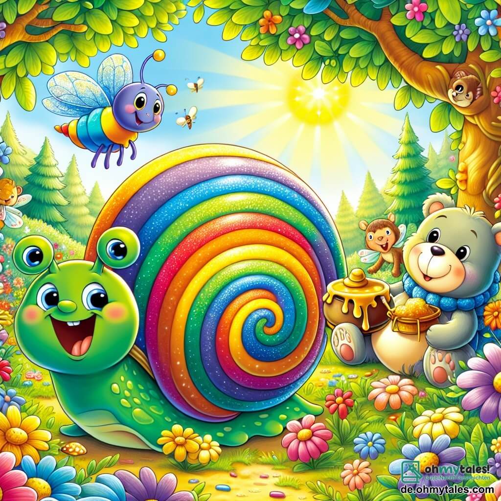 Emilio, eine bunte Schnecke mit grünen, blauen und gelben Streifen, lächelt fröhlich in einer sonnigen Lichtung, umgeben von leuchtenden Blumen. Lila, eine schimmernde Libelle, fliegt fröhlich um ihn herum und verleiht der Szene einen Hauch von Magie. Max, ein weicher, runder Teddybär, steht neben Emilio und hält einen großen Honigtopf, während er begeistert lächelt. Die Lichtung ist voller bunten Blumen, großer grüner Bäume und einem sanften goldenen Licht, das durch die Blätter filtert. Im Hintergrund versammeln sich neugierige Tiere, die darauf warten, an der Feier teilzunehmen. Die Hauptsituation zeigt Emilio und seine Freunde, die eine große Feier im Wald vorbereiten, mit Lachen, Musik und köstlichen Speisen, die eine fröhliche und festliche Atmosphäre schaffen.