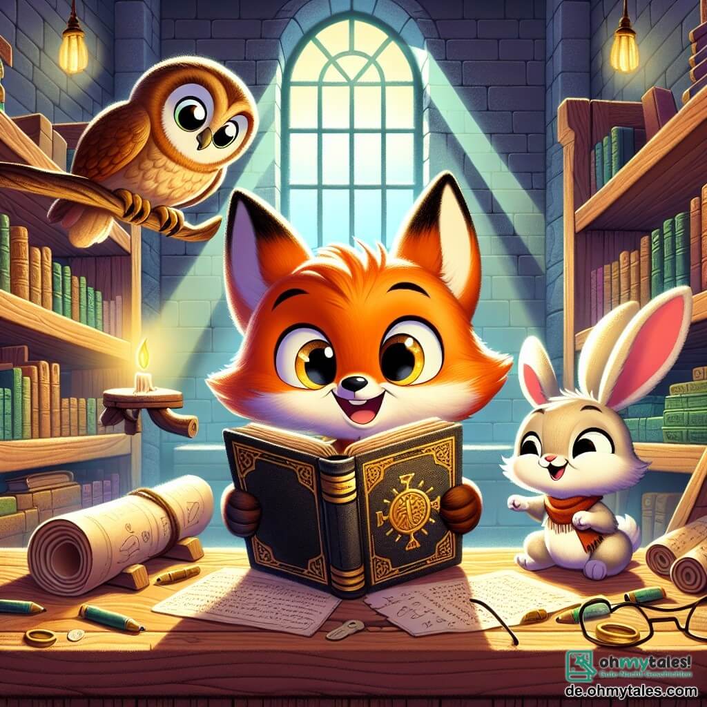 Ein kleiner Fuchs namens Felix, mit leuchtend orangefarbenem Fell und großen neugierigen Augen, steht im Mittelpunkt des Bildes und lächelt begeistert, während er ein altes schwarzes Buch mit goldenen Buchstaben hält. Neben ihm sitzt eine weise Eule namens Emma, mit braunen Federn und runden Brillen, die das Buch mit einem neugierigen Blick betrachtet, auf einem Regal. Ein kleiner frecher Hase namens Hoppel, mit großen Ohren und weißem Fell, springt fröhlich neben ihnen, seine Augen funkeln vor Aufregung. Die Szene spielt in einer magischen Bibliothek, mit Holzregalen voller bunter Bücher, Lichtstrahlen, die durch große Fenster filtern und geheime Ecken erhellen. Im Hintergrund sind Pergamentrollen und alte Karten auf einem Holztisch verstreut, was ein Gefühl von Abenteuer vermittelt. Felix, Emma und Hoppel entdecken eine mysteriöse Botschaft in dem Buch und sind bereit, gemeinsam ein neues Rätsel zu lösen.