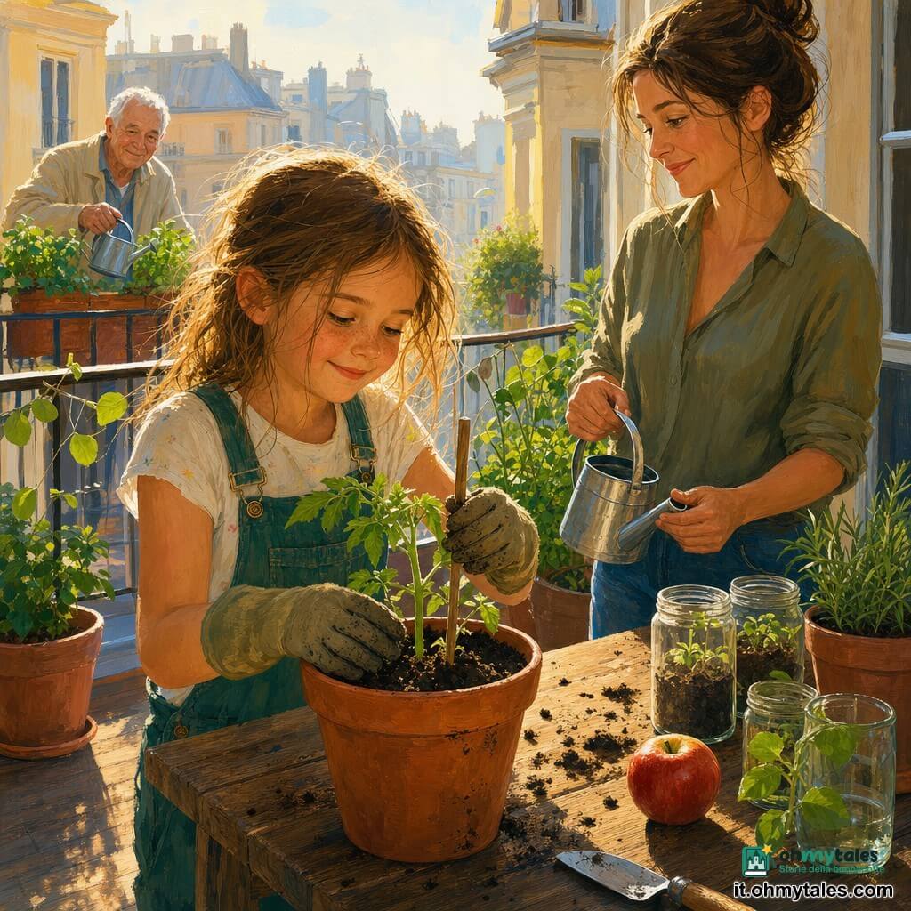 Bambina di 8 anni dai capelli castano chiaro leggermente arruffati, volto rotondo e lentiggini, sorride timidamente mentre solleva un piccolo tutore di legno; indossa una salopette verde e guanti da giardinaggio troppo grandi, mani un po' sporche di terra. Accanto a lei, leggermente arretrata, la madre di circa 35 anni con capelli castani raccolti in uno chignon, volto dolce e sguardo fiero, tiene un piccolo annaffiatoio di metallo e sorride; sul balcone vicino, un anziano vicino di circa 70 anni con capelli bianchi e giacca leggera annaffia una pianta di basilico osservando la scena con benevolenza. Il balcone è piccolo e luminoso con pavimento in legno chiaro, vasi di terracotta e barattoli con giovani germogli, una mela rossa su un tavolo e una ghirlanda di foglie sulla ringhiera; la bambina pianta delicatamente un piccolo germoglio di pomodoro in un vaso, raggi di sole mattutino illuminano le foglie e ci sono spruzzi di terra sul tavolo, atmosfera calda e colori vivaci con texture da pittura acrilica.