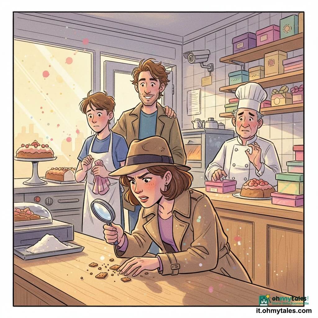 La detective Elisa, circa 30 anni, viso concentrato e trench beige con cappello, è inginocchiata al banco che osserva briciole di biscotto con una lente; Luca, circa 30 anni, capelli spettinati e sorriso incoraggiante, sta dietro con una mano sulla spalla vicino alla porta; Marco, ragazzo di circa 17 anni, guance arrossate e grembiule infarinato, sta indietro vicino al forno con un canovaccio, colto sul fatto; il signor Rossi, circa 50 anni, con toque da pasticcere e aria preoccupata ma affettuosa, è dietro il banco con scatole di dolci impilate; la piccola pasticceria luminosa ha un bancone in legno chiaro, scaffali con scatole colorate, vassoi di dolci, farina sparsa e una telecamera su una parete piastrellata; la scena principale mostra la scoperta degli indizi: briciole sparse sul banco, la lente puntata su di esse, volti espressivi e una luce calda che filtra dalla vetrina.