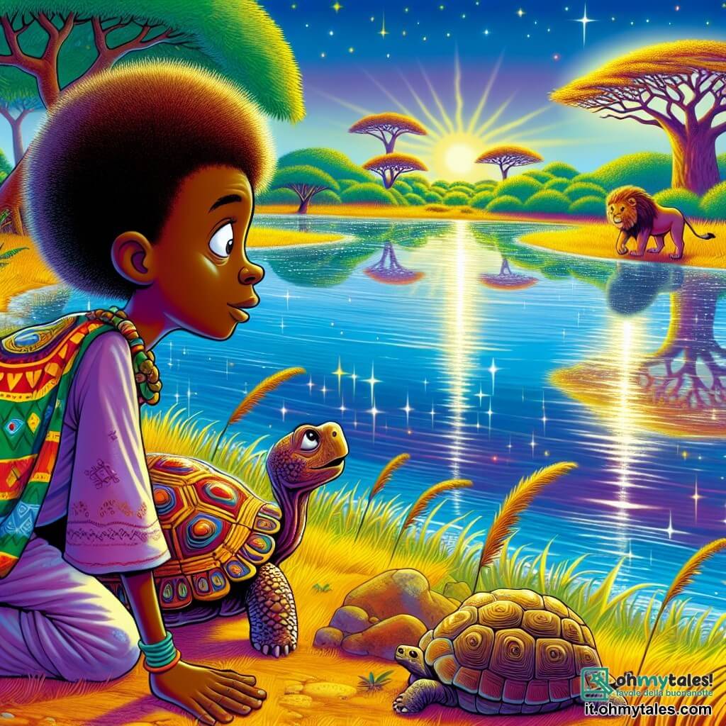 Kofi, un giovane uomo africano di circa 20 anni, sta in piedi sulla riva di un grande fiume, il suo viso radioso di curiosità e meraviglia. Ha capelli ricci e indossa una tunica colorata decorata con motivi tradizionali, mentre il suo sguardo scintillante scruta l'acqua luccicante sotto il sole. Accanto a lui, una vecchia tartaruga con un guscio decorato con motivi naturali si gode il sole sulla riva, i suoi occhi saggi e dolci sembrano osservare Kofi con benevolenza. Più lontano, un maestoso leone dorato, sdraiato all'ombra di un grande baobab, osserva la scena con un'espressione calma e protettiva. Il luogo è una savana vibrante, dove l'erba dorata danza al vento e grandi alberi si ergono sotto un cielo blu brillante punteggiato di nuvole bianche e soffici. La scena principale mostra Kofi mentre contempla la tartaruga, ascoltando attentamente le sue parole di saggezza, mentre il leone veglia su di loro, creando un'atmosfera di pace e armonia in questo paesaggio incantevole.
