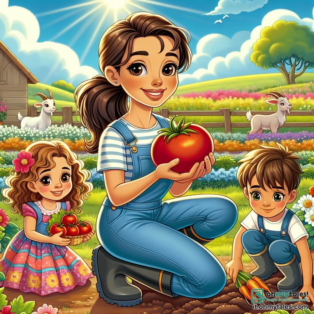 Sofia, una donna di circa quarant'anni, è al centro dell'immagine, con un grande sorriso caloroso sul volto. Ha i capelli castani raccolti in una coda di cavallo, le guance arrossate dal sole e indossa una salopette di denim con stivali di gomma. Sta mostrando ai bambini come raccogliere le verdure nel suo giardino. Accanto a lei, Emma, una bambina di circa otto anni con capelli ricci e un vestito colorato, tiene un grande pomodoro rosso appena colto, con gli occhi brillanti di eccitazione. Più in là, Luca, un ragazzo di sette anni con capelli biondi, è accovacciato mentre pianta semi di carota nella terra, con uno sguardo concentrato. Lo sfondo è una bella fattoria soleggiata, circondata da campi verdi, fiori colorati e un cielo blu chiaro punteggiato di nuvole bianche. Si vedono animali come capre e galline che si muovono allegramente sullo sfondo. La scena principale mostra Sofia e i bambini impegnati nell'attività di raccolta e piantagione, condividendo risate e momenti di gioia, illustrando l'amore per la natura e l'agricoltura.