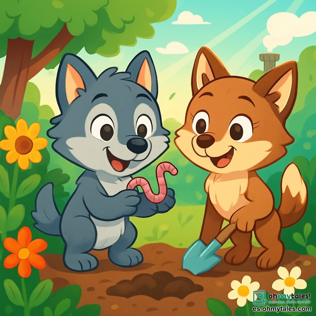 Un pequeño lobo llamado Leo, con un pelaje gris suave y ojos brillantes de curiosidad, está en el centro de la escena, sonriendo con entusiasmo. Sostiene un lombriz en sus patas, con las orejas levantadas, mostrando su alegría por aprender. A su lado, su hermana Lua, una joven loba de pelaje marrón claro con manchas blancas en el vientre, sonríe orgullosamente mientras sostiene una pequeña pala, lista para ayudarlo. El jardín es exuberante, lleno de flores coloridas, arbustos verdes y tierra marrón, con rayos de sol filtrándose a través de las hojas de los árboles. Al fondo, se ve una pequeña casa de madera con una chimenea humeante, añadiendo un toque cálido a la escena. La imagen representa a Leo y Lua buscando lombrices juntos, ilustrando la igualdad de géneros y el placer de compartir actividades en la naturaleza.