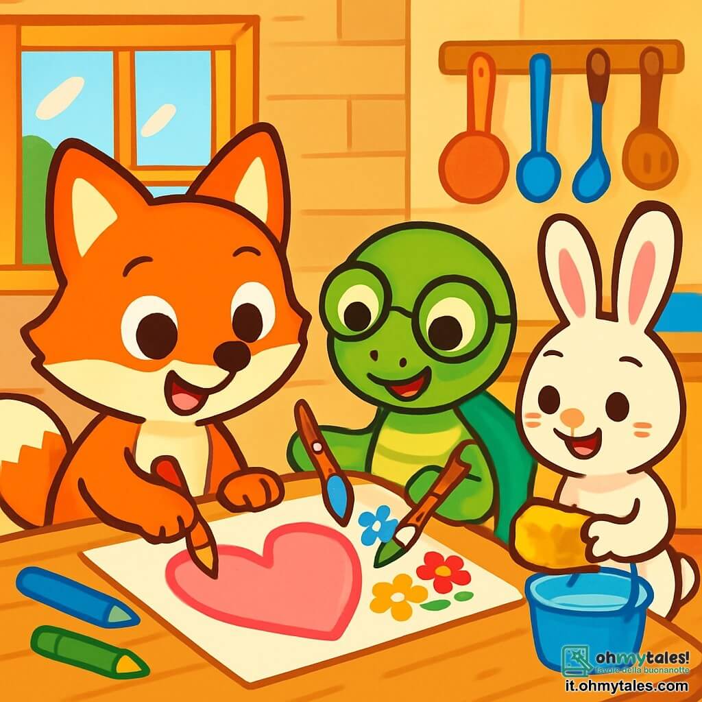 Un piccolo volpe dai peli arancioni, con grandi occhi scintillanti di eccitazione, sta disegnando un grande cuore su un foglio di carta. Sorride gioiosamente, con le orecchie piccole rizzate, mentre utilizza colori vivaci. Accanto a lui, una tartaruga verde con un guscio lucido e occhiali rotondi guarda con ammirazione, gli occhi spalancati dalla felicità. Tiene un pennello e aiuta a dipingere fiori colorati intorno al cuore. Un coniglio bianco dalle grandi orecchie, con un'aria birichina, si tiene un po' in disparte, tenendo una spugna e un secchio d'acqua, pronto a pulire la cucina. Sorride con orgoglio, osservando il lavoro dei suoi amici. La scena si svolge in una cucina accogliente, con pareti in legno chiaro, finestre che lasciano entrare la luce del sole e utensili da cucina colorati appesi al muro. Gli amici stanno preparando una sorpresa per la festa della mamma, circondati da risate e colori, creando un'atmosfera gioiosa e festosa.