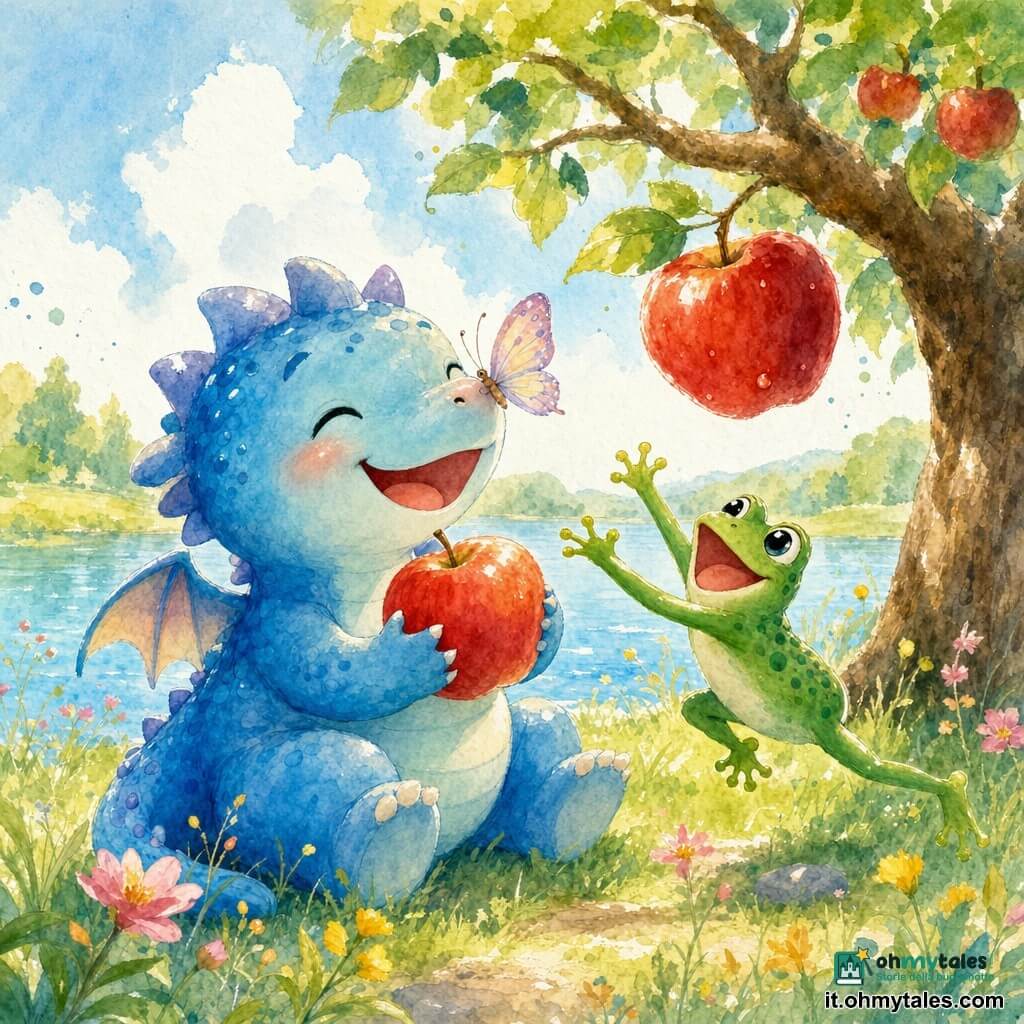 Un piccolo drago blu, tondo e carino con squame morbide e luminose sorride e guarda la mela nella sua zampa ridendo piano; una piccola rana verde lucente dagli occhi rotondi e maliziosi salta accanto e tende la zampa verso la mela; una grande mela rossa pende da un ramo basso di un melo vicino; una farfalla colorata dalle ali pastello si posa sul naso del drago facendolo sorridere ancora di più; sul bordo di un lago calmo con acqua azzurro chiaro, sponde erbose, fiori selvatici rosa e gialli e cielo estivo con nuvole soffici, la scena mostra un momento di gioco e scoperta mentre il drago e la rana condividono la mela in un'atmosfera luminosa, dolce e calda, colori pastello, tratti arrotondati e texture acquerello visibili.