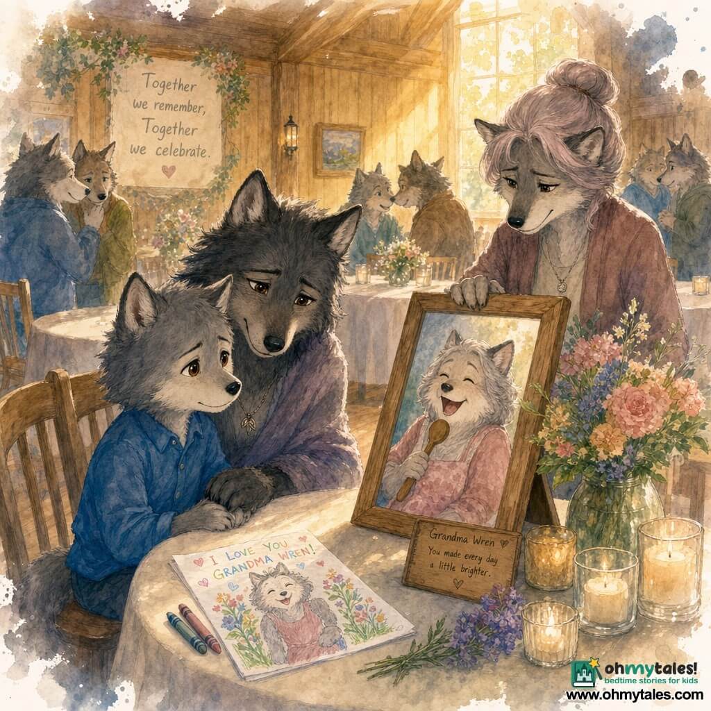The main character is Lio, a small gray-furred wolf child with bright brown eyes and pointed ears, sitting slightly curled, sad but soothed, wearing a clean blue shirt and holding his mother's paw while looking at a large photo on a table; his mother is a slightly darker adult she-wolf with a warm face and wet eyes, crouched beside him, comforting and tender with her hand on his paw and her gaze on the photo; Aunt Sable is a middle-aged she-wolf in sober clothes with gray-pink hair in a bun, standing behind the table, gentle and restrained, adjusting a photo frame or flowers; the scene is a small light-wood community room with round tables draped in cream cloth, aligned chairs, plank floor, soft golden light through a large window, pastel flower bouquets and a few candles in jars on the central table; the main moment shows an intimate memorial: a large photo of Grandma Wren laughing with a spoon as a microphone on the table, Lio’s drawing beside it, people whispering in the background, calm respectful atmosphere, watercolor style with muted colors and controlled splashes around the edges.