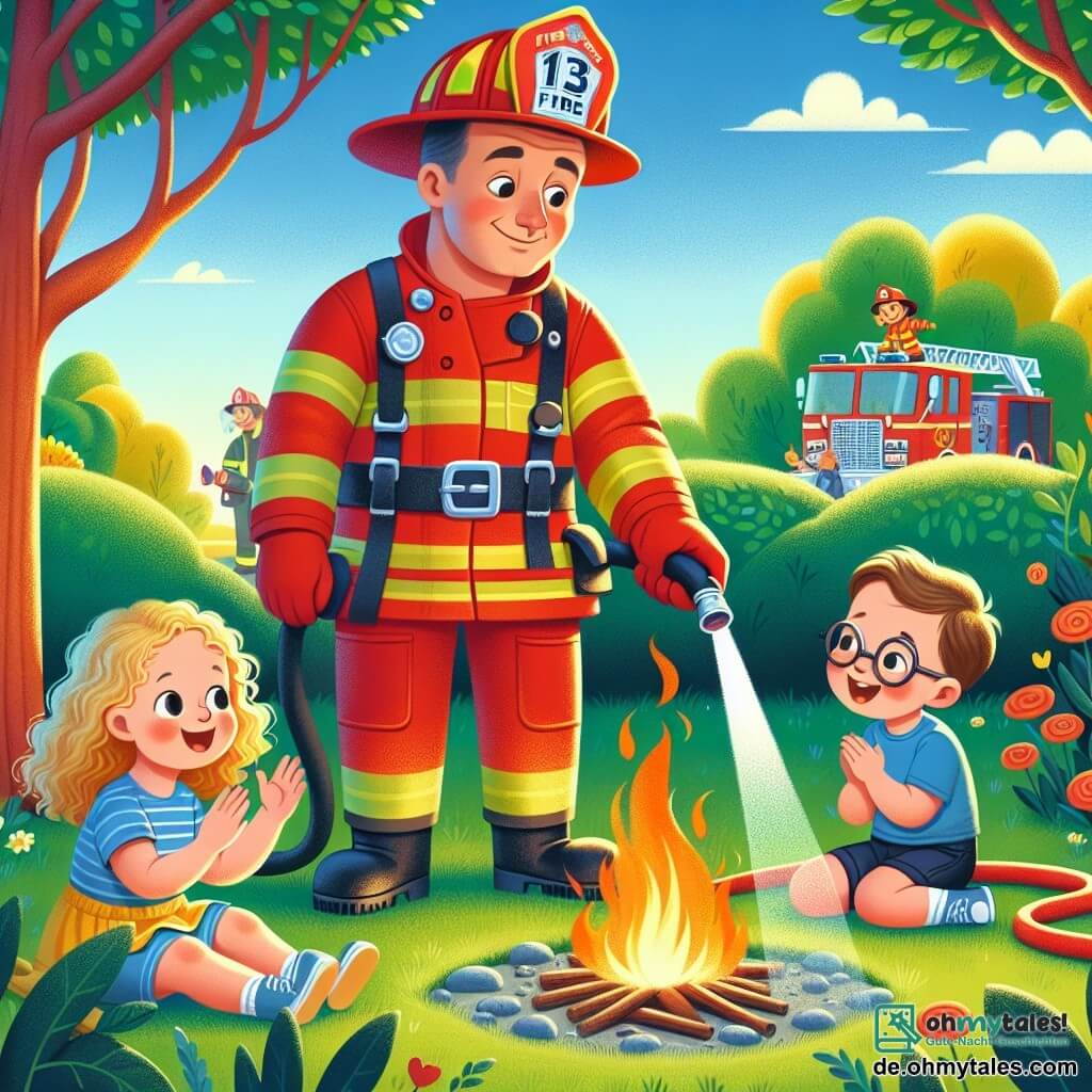 Ein großer, muskulöser Feuerwehrmann mit einem warmen Lächeln und funkelnden Augen trägt eine leuchtend rote Uniform und einen glänzenden Helm. Er hält einen Gartenschlauch, bereit, ein kleines Feuer zu löschen. Neben ihm steht ein 6-jähriges Mädchen mit lockigem, blondem Haar, das bewundernd schaut und ein kleines Spielzeug-Feuerwehrauto in den Händen hält. Ein 5-jähriger Junge mit Brille und blauem T-Shirt sitzt auf dem Boden, lacht und applaudiert seinem Papa. Die Szene spielt in einem grünen Park mit laubtragenden Bäumen und einem strahlend blauen Himmel. In der Ferne sieht man ein kleines Feuer in einem Busch, umgeben von bunten Blumen. Der Feuerwehrmann und die Kinder sind aktiv, bereit, das Feuer zu löschen und gleichzeitig Spaß zu haben.