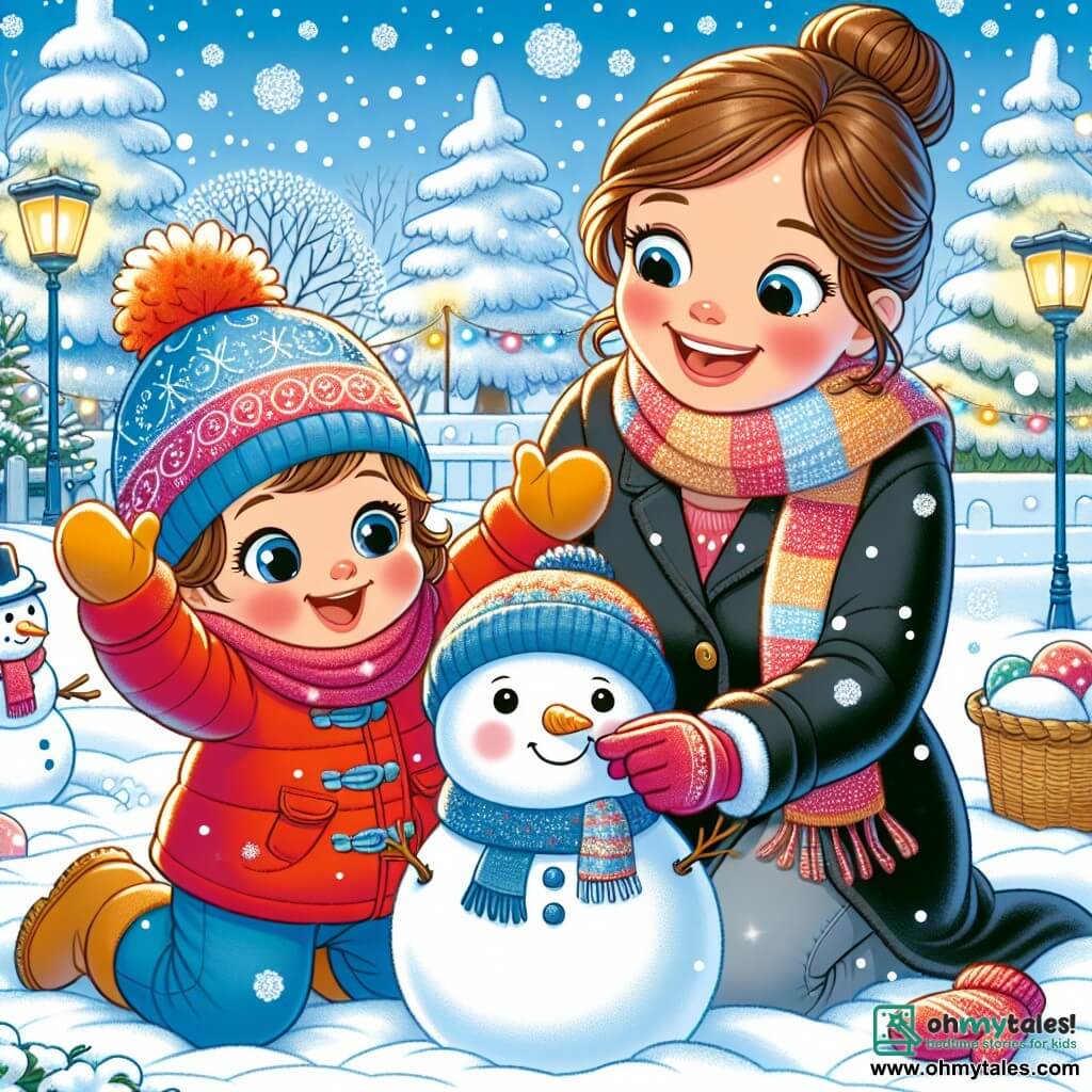 A one-year-old girl with sparkling big eyes and rosy cheeks is playing in the snow. She is wearing a bright red jacket, a blue wool hat, and yellow mittens, laughing joyfully as she throws snowballs. Next to her, her mother, a woman in her thirties with brown hair tied in a bun and a warm smile, watches her while laughing, dressed in a black coat and a colorful scarf. The setting is an enchanting winter park, with trees covered in sparkling snow, a clear blue sky, and gently falling snowflakes. The main scene shows the little girl happily building a snowman while her mother encourages her, creating a joyful and magical winter moment.