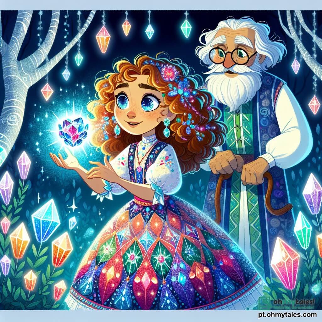 Uma menina de 10 anos, Zuri, com cabelos cacheados e brilhantes como estrelas, usa um vestido colorido adornado com padrões de cristais. Ela tem olhos cheios de curiosidade e um sorriso encantado, segurando um pequeno dispositivo metálico flutuante diante dela, iluminado por uma suave luz. Ao seu lado, seu avô, o Senhor Eldrin, um homem idoso com uma longa barba branca e óculos redondos, observa o dispositivo com um olhar fascinado, vestido com uma túnica em tons de azul e verde, mantendo-se ligeiramente para trás, pronto para ajudar. O ambiente é um jardim mágico, repleto de cristais cintilantes que refletem a luz do sol, com árvores de troncos prateados e flores luminosas que dançam ao vento. A cena principal mostra Zuri descobrindo o artefato misterioso, cercada por uma aura de magia e ciência, pronta para explorar as maravilhas do universo ao seu redor.