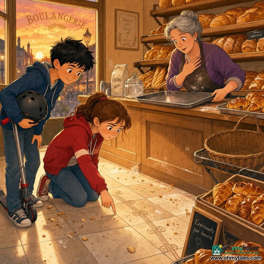 A 10-year-old girl with a round face, freckles and brown pigtails, looking concentrated and curious with slightly furrowed brows, kneeling on the bakery's light tile and pointing at small wheel tracks on the floor; her 10-year-old friend, short black hair and a mischievous smile, holds a scooter helmet and leans behind her to the left examining the same tracks; a female baker of about 50 with graying hair in a bun and a flour-dusted apron stands behind the counter to the right, looking kindly surprised with one hand on her chest and the other on an empty tray; interior of a small welcoming bakery with shelves of golden breads and pastries, large cream tiles and warm sunset light through the window; the children are following wheel prints toward the back door amid scattered crumbs and flour and an empty basket on a display, creating a gentle, optimistic investigative scene.