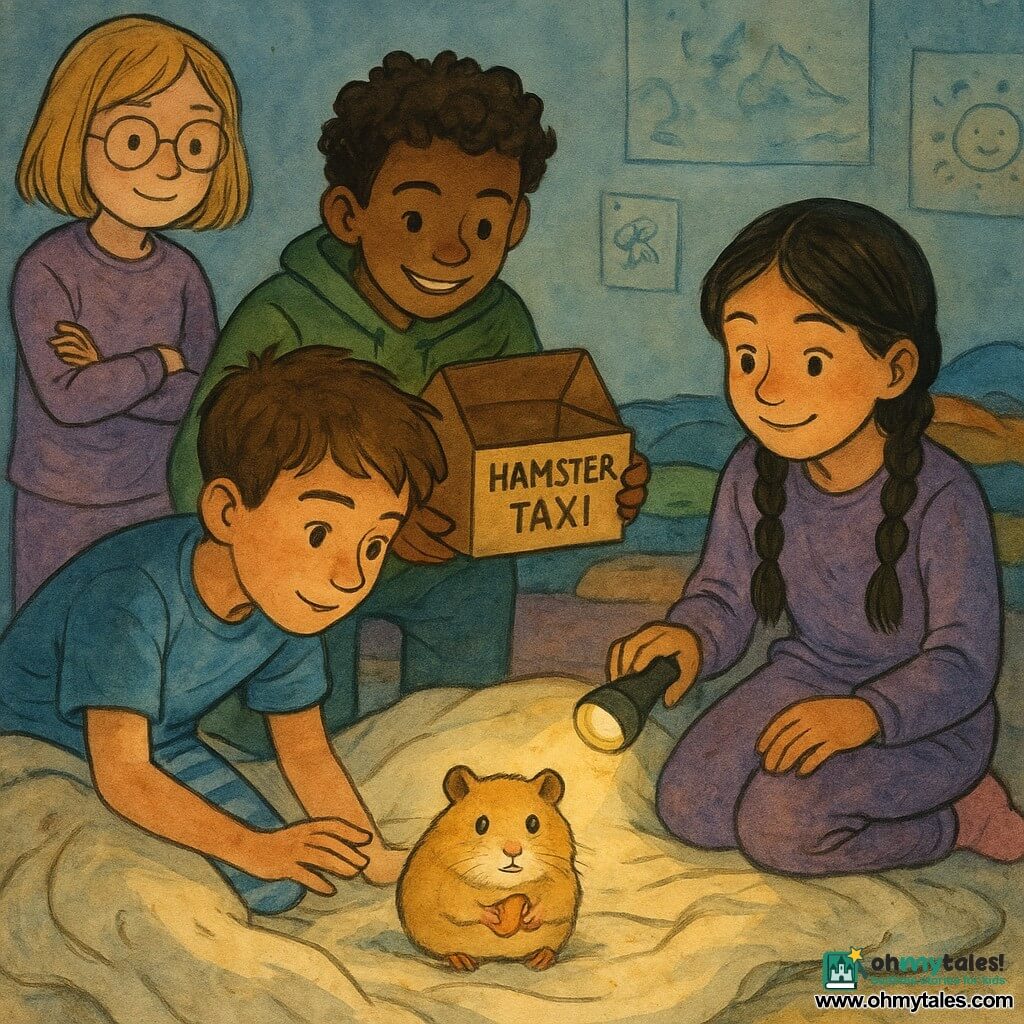 Four children (around 12): a brown-haired boy in a blue t‑shirt and striped pajamas kneeling left under a white fluffy duvet reaching gently for a small round hamster; a black‑haired girl in braids with pink fuzzy socks sitting right holding a small flashlight casting warm light; a tan boy with short curls in a green sweatshirt crouched center‑rear holding an open cardboard box as a hamster "taxi"; a blond girl with mid‑length hair, round glasses and purple pajamas standing slightly back left, arms crossed and smiling. The hamster is small and very round with golden‑beige fur and chubby cheeks, sitting at the duvet edge nibbling a bit of carrot. Warm nighttime bedroom: cream soft rug, pale walls with drawn posters, colorful sleeping bags piled in back, dim cozy lighting, thick cotton‑like duvet forming a cave. Scene: a gentle rescue mission under the duvet with soft textures, careful movements, patient, wondrous expressions, human–hamster contact centered, warm pastel palette.