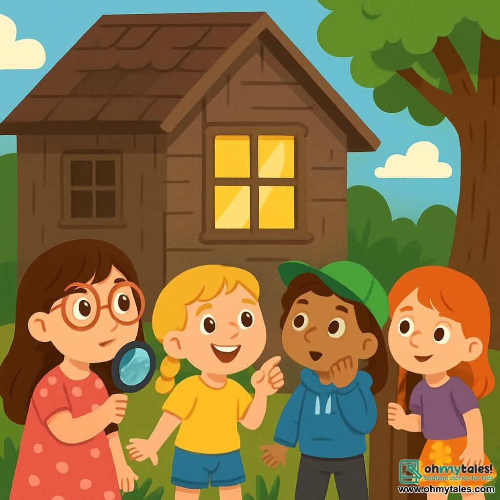 There are 4 children: Lila, an 8-year-old girl with long brown hair and round glasses, wearing a pink polka dot dress and holding a magnifying glass, curiously looking at the house; Zoe, a 7-year-old girl with braided blonde hair and a bright smile, wearing a yellow t-shirt and denim shorts, pointing at the window; Mia, an 8-year-old girl with curly hair and a green cap, dressed in a blue hoodie and black pants, showing surprise at the light; and Ruby, a 7-year-old girl with red hair and freckles, wearing a floral skirt and purple t-shirt, standing near the door, ready to enter. The setting is an old wooden house with decrepit walls and dusty windows, surrounded by a garden overgrown with weeds and wilted flowers, next to a large oak tree with branches extending like arms. The sky is blue with fluffy white clouds, and the sun is shining softly. The main scene shows the four friends, wide-eyed, in front of the mysterious house, excited and a bit nervous, ready to discover the secret behind the shiny window.