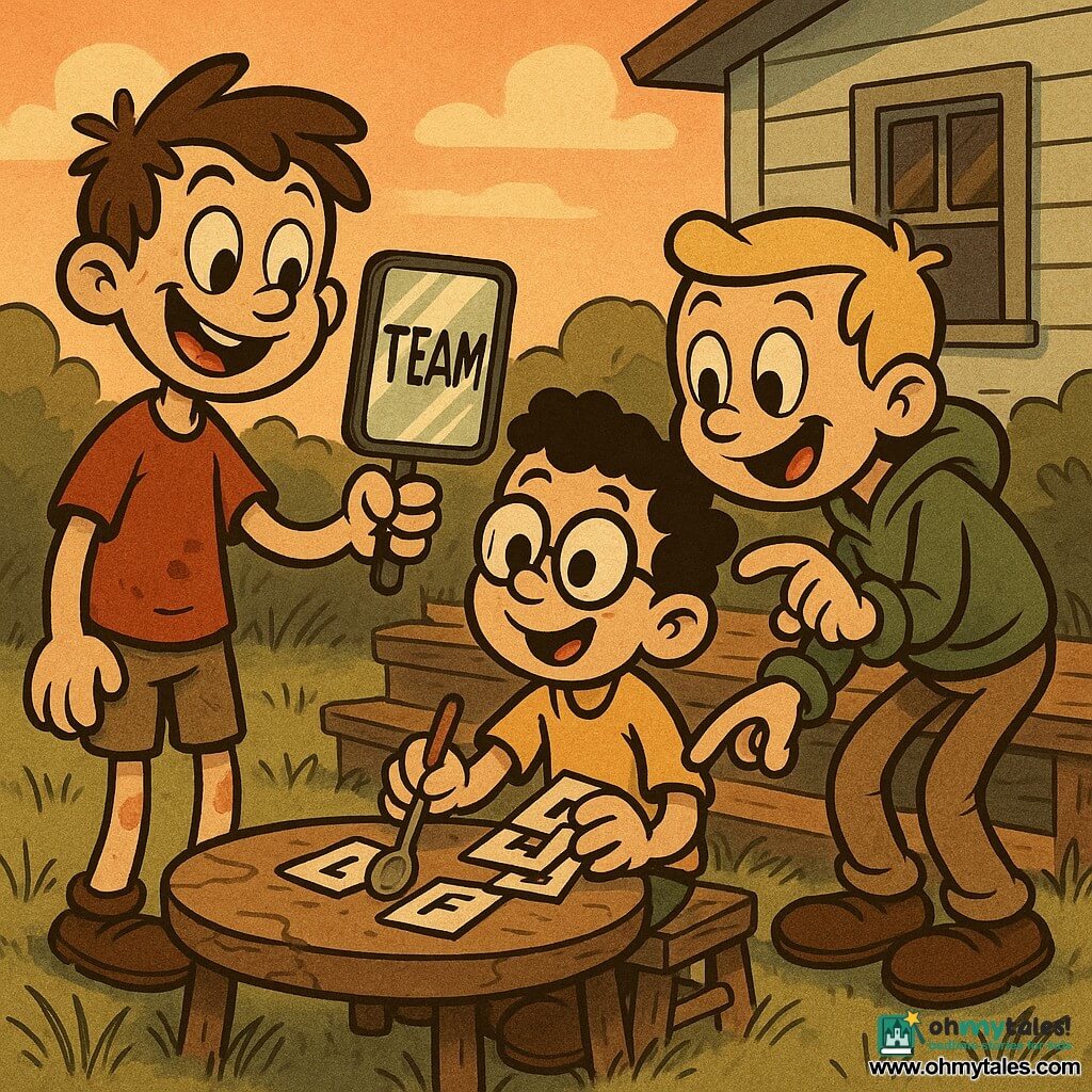 Three 9-year-old boys—messy brown hair in a stained red tee with scraped knees holding a small rectangular hand mirror and smiling, short blond hair in a green hoodie pointing at letters on the mirror, and curly black hair with round glasses in a yellow tee holding letter cards and tapping a spoon—sit together on worn wooden steps around a cracked outdoor table in a suburban garden at sunset; the mirror clearly reflects the word TEAM, warm sunset light and soft shadows highlight their joyful, focused camaraderie in a retro cartoon style with saturated colors and painted textures.