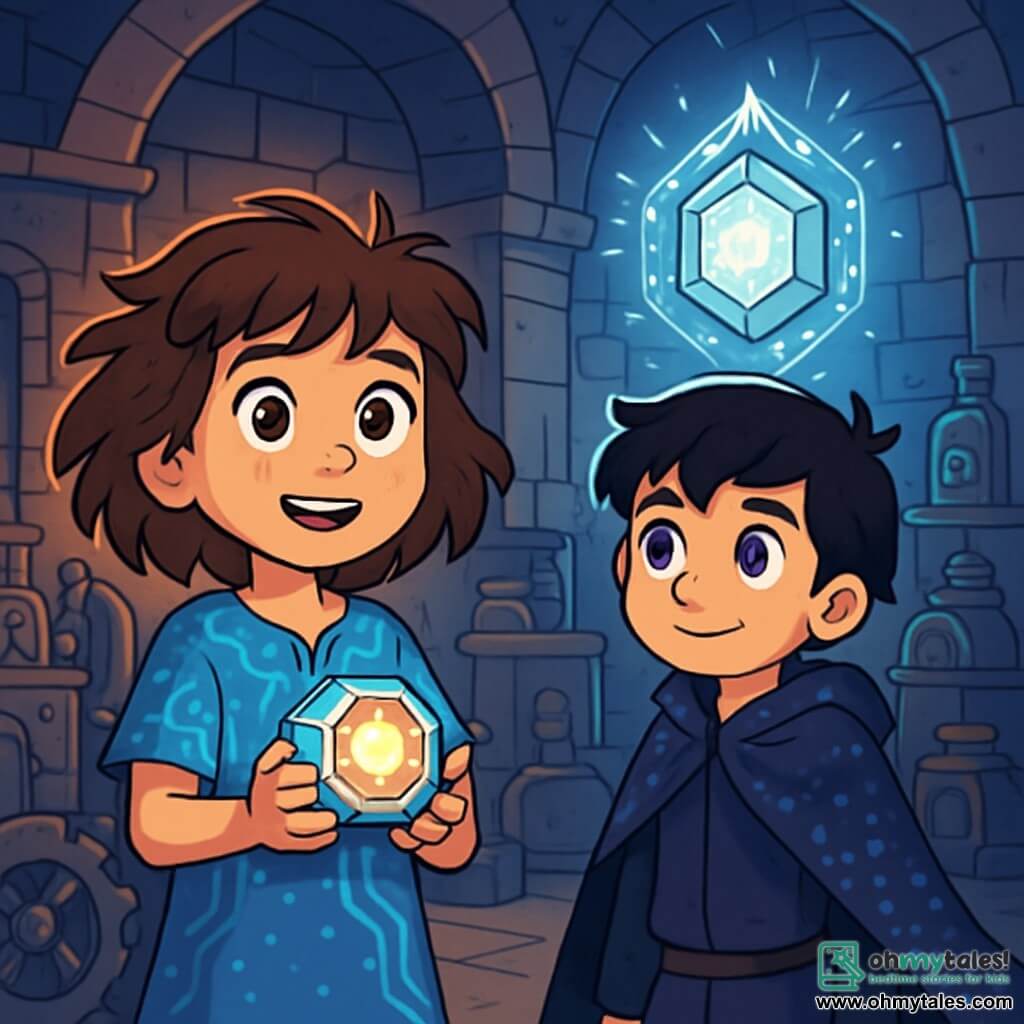A 10-year-old girl, Kaela, stands at the center of the stage, with messy brown hair and sparkling eyes full of determination. She wears a blue tunic adorned with bright patterns and holds a small, shiny technological device, the HexBox, in her hands. Her face expresses a mix of courage and wonder. Next to her, a boy her age, Orion, has black hair and sparkling purple eyes. He wears a pixel cape that glimmers in the shadows. He watches Kaela with an expression of admiration, ready to assist her in her quest. The setting is a vast underground chamber filled with ancient machines and magical artifacts. Stone walls are illuminated by a silver light emanating from a large artifact, the Arcanatrix, which floats at the center, surrounded by sparkling runes. The main scene shows Kaela and Orion facing the Arcanatrix, a moment of tension and hope as they prepare to discover the artifact's power and confront the mysteries around them.