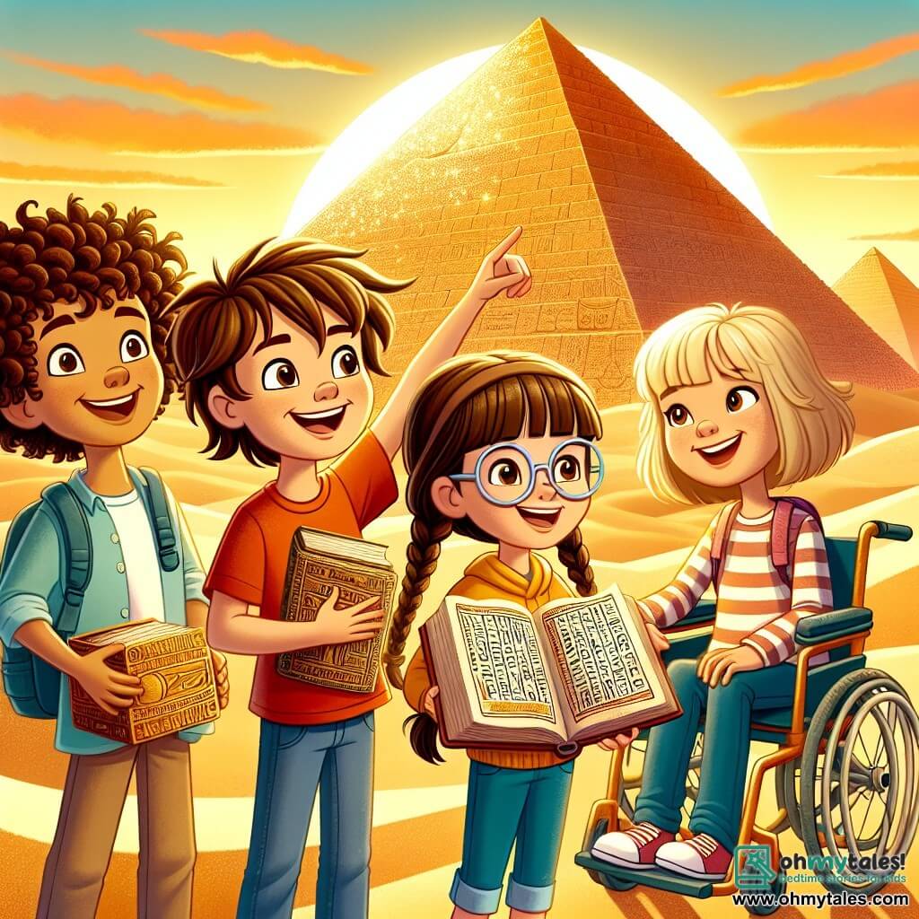 Four friends stand together in front of a large Egyptian pyramid. Max, a 10-year-old boy with curly hair and a red t-shirt, points at the pyramid with a look of wonder. To his left, Leah, a 9-year-old girl with braided brown hair, holds an open ancient book, her eyes shining with excitement. On the right, Tyler, a 10-year-old boy with glasses and a blue sweater, looks around curiously. Finally, Emma, an 11-year-old girl in a wheelchair, wears a yellow dress and smiles joyfully, holding an old map. They are in a golden desert bathed in the warm light of the setting sun, with rolling sand dunes and palm trees in the background. The majestic pyramid is adorned with bright hieroglyphs that sparkle in the sunlight. The main scene shows the friends discovering an ancient secret hidden inside the pyramid, ready to solve puzzles and embark on an exciting adventure surrounded by mysteries and treasures of the past.