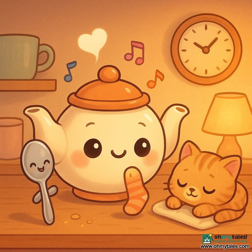 Tippy, a small round anthropomorphic teapot, smiling and sleepy, chubby, with big shiny eyes, pink cheeks, a lid like a hat and a tiny heart-shaped puff of steam from her spout as she sings colorful musical notes; a slim shiny chibi metal spoon with a laughing face stands by the spout, wiggling with joy and holding a crumb; a miniature soft striped sock with curious eyes and tiny hands balances on the shelf doing a little dance next to the spoon; a fluffy tabby kitten sleeps curled on a soft towel in the background right; setting: a light-wood shelf in a cozy kitchen at dusk lit by a warm yellow-orange lamp, pastel cups, a round evening clock and a few sparkling crumbs nearby; main scene: a quiet, sweet pre-nap moment with friendly chibi objects gathered for a lullaby, warm colors, soft textures, rounded silhouettes and tender expressions.