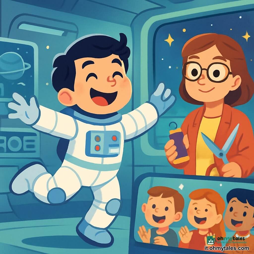 Un uomo astronauta, Tommaso, con capelli neri e un grande sorriso, sta ballando gioiosamente nella sua tuta spaziale bianca e brillante. I suoi occhi brillano di eccitazione e curiosità. Accanto a lui, una donna, la responsabile delle tute, la signora Marina, di circa 40 anni, con capelli castani e occhiali, osserva con un sorriso benevolo mentre tiene in mano degli strumenti da cucito. Lo sfondo è un laboratorio futuristico, pieno di luci soffuse e macchine scintillanti, con schermi che mostrano immagini dello spazio. Stelle brillano attraverso una grande finestra, illuminando la stanza con una luce magica. La scena principale mostra Tommaso che, nonostante la rigidità della sua tuta, cerca di muoversi con grazia, cantando una canzone gioiosa sul suo sogno di esplorare le stelle. I bambini, dietro un vetro, lo osservano con meraviglia, ridendo e applaudendo i suoi movimenti goffi.