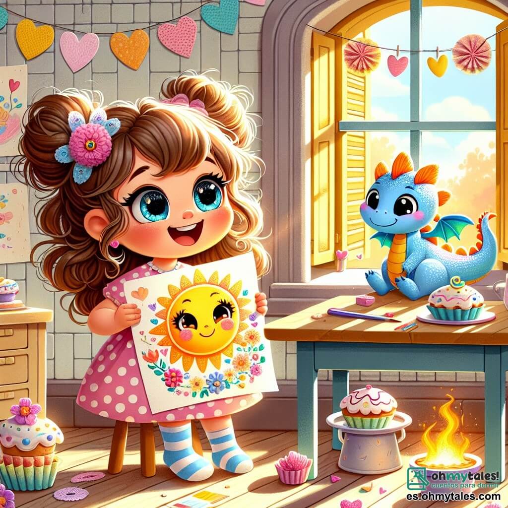 Una niña de 4 años, Lila, con grandes ojos brillantes y cabello rizado castaño, sonríe alegremente sosteniendo un gran dibujo colorido de un sol sonriente y flores danzantes. Lleva un vestido rosa con lunares y calcetines a rayas, y está rodeada de pasteles en forma de corazón. A su lado, un pequeño dragón azul llamado Azulito, con escamas brillantes y grandes alas translúcidas, sonríe mientras sopla suavemente para hornear pasteles. Está sentado en una mesa de madera, justo al lado de Lila, admirando su dibujo. La escena transcurre en una cocina cálida y soleada, con paredes pintadas de amarillo pastel, ventanas abiertas dejando entrar la luz del sol, y flores de papel decorando la mesa. Lila y Azulito preparan una sorpresa para el Día de la Madre, rodeados de pasteles, dibujos y risas, creando una atmósfera alegre y llena de amor.