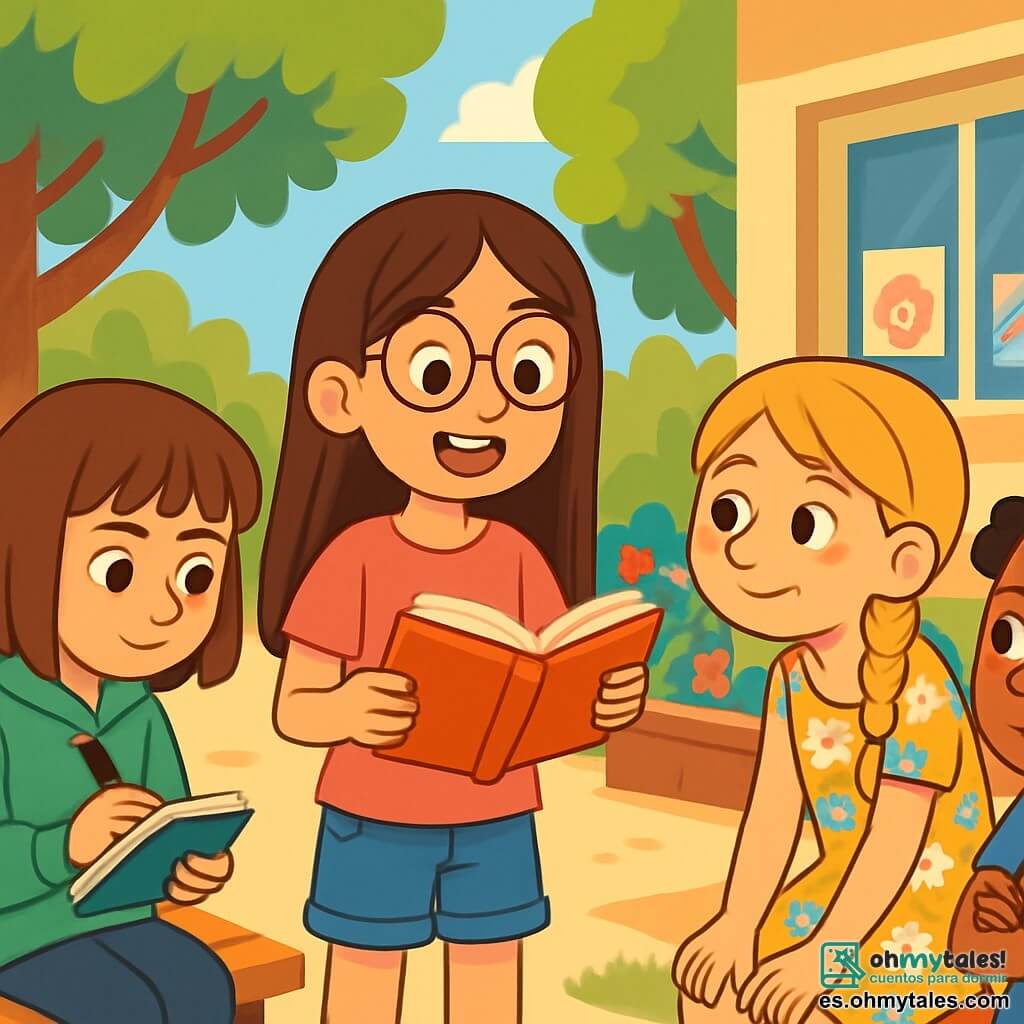 Hay 4 niños: - Sofía: una niña de 10 años con cabello largo castaño y gafas redondas. Lleva una camiseta rosa y un short de mezclilla. Está en el centro, sosteniendo un libro abierto, con una sonrisa entusiasta. - Clara: una niña de 10 años con cabello rubio trenzado y pequeñas pecas en la nariz. Lleva un vestido de flores y está ligeramente inclinada hacia adelante, escuchando atentamente a Sofía. - Lucía: una niña de 10 años con cabello negro rizado y un gran pendiente en forma de estrella. Lleva una camiseta azul y pantalones negros. Está a la derecha de Sofía, con los brazos cruzados y una expresión pensativa. - Ana: una niña de 10 años con cabello castaño y flequillo. Lleva una sudadera verde y leggings. Está a la izquierda de Sofía, tomando notas en un cuaderno, con una expresión seria. La escena tiene lugar en un patio escolar soleado, rodeado de grandes árboles de hojas verdes brillantes. Hay bancos de madera alrededor y dibujos coloridos decoran las paredes de la escuela. Flores multicolores crecen en jardineras, añadiendo un toque de alegría al ambiente. La situación principal muestra a los niños discutiendo con entusiasmo su proyecto de escritura. Sofía lee en voz alta un extracto de su historia sobre una niña que mintió, mientras sus amigas la escuchan atentamente, cautivadas por las palabras y las lecciones sobre la honestidad.