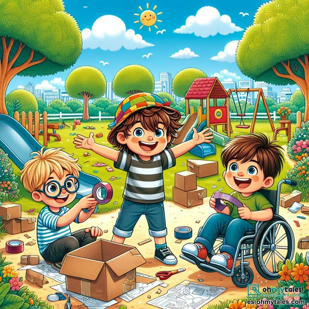 En un parque soleado, tres amigos están reunidos. Lucas, un niño de 8 años con cabello castaño desordenado y una gran sonrisa, lleva un sombrero colorido y se encuentra en el centro, con los brazos extendidos, como si anunciara una gran aventura. A su derecha, Mateo, un niño de 7 años con gafas redondas y cabello rubio, está agachado, sosteniendo un rollo de cinta adhesiva, concentrado en su plan de construcción. A la izquierda, Pablo, un niño de 8 años con cabello castaño y una sonrisa radiante, está sentado en su silla de ruedas, rodeado de cajas de cartón, riendo a carcajadas. El parque está lleno de vegetación, con árboles majestuosos, flores coloridas y un cielo azul salpicado de nubes blancas esponjosas. Al fondo, se ve un tobogán y columpios, añadiendo alegría al entorno. Los tres amigos están construyendo un fuerte de cartón, pero el fuerte se derrumba en un gran desorden de cajas y arena, provocando risas y expresiones divertidas en sus rostros.