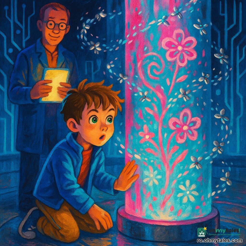 Un băiat de 8 ani, uimit și concentrat, cu păr castaniu zburlit, ochi verzi, jachetă albastră și pantaloni kaki, în genunchi în fața unei coloane luminoase cu o mână pe o suprafață metalică; nanite ca albine mici de metal argintiu zburând în roi, formând spirale luminoase la nivelul băiatului. În fundal, un tehnician de circa 30 de ani, cu păr scurt și ochelari subțiri, zâmbește liniștitor ținând o tabletă luminoasă la piept. Locul: o stupină de date interioară, sală circulară cu pereți negri mata, coloane translucide cyan care radiază fire de lumină și podea metalică lustruită ce reflectă strălucirile. Situația: băiatul șoptește o formulă, coloana pulsează în valuri roz și turcoaz, nanitele se aliniază în motive florale luminoase, scenă tehnologică și magică. Paletă: culori vii contrastante — albastru electric, magenta, argintiu metalic și accente aurii, texturi de metal neted și vopsea fosforescentă.