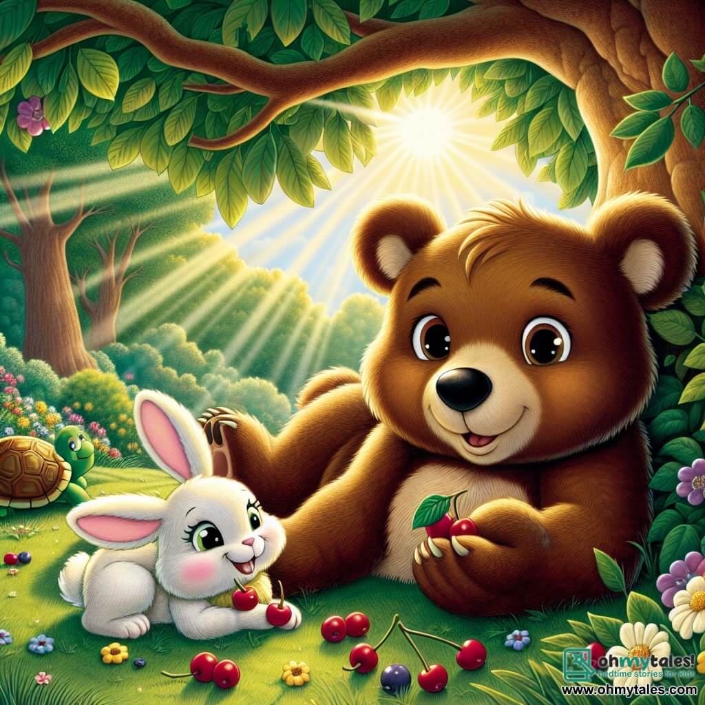 A little brown bear named Benny, with soft fur and bright eyes, is lying on the green grass under a large tree, displaying a warm and peaceful smile. He holds a small handful of red berries in his paws, his eyes sparkling with joy. Next to him, a little white bunny named Lily, with large floppy ears and a smiling face, is sitting and eating a berry, her eyes filled with happiness. A little further away, a green turtle named Toby, with a shiny shell and a friendly gaze, watches them with a smile, his paws resting on the grass, showing an expression of support and friendship. The scene takes place in an enchanted forest, where colorful flowers line the ground and rays of sunlight filter through the leaves of the trees, creating a warm and welcoming atmosphere. Despite being tired, Benny feels surrounded by the love of his friends, sharing berries and laughter, illustrating the magic of friendship and comfort in difficult times.