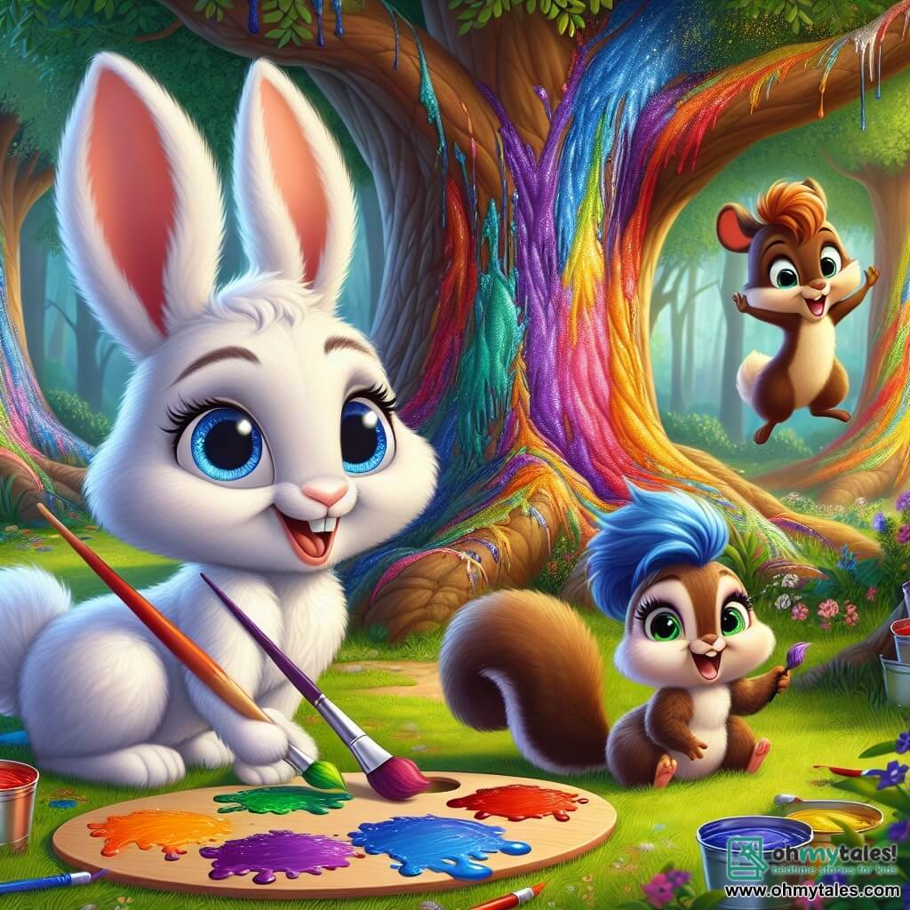 In the center of the image, Benny, a young rabbit with fluffy white fur and sparkling blue eyes, is painting a tree with bright colors, a big smile on his face expressing his joy and wonder. To his right, Rina, a beautiful hare with vibrant blue fur, is mixing colors on a palette, her expression focused yet full of enthusiasm. To the left, Max, a squirrel with brown fur and a bushy tail, jumps for joy, his eyes shining with excitement as he admires the vibrant colors around him. The setting is an enchanted clearing, where majestic trees with green leaves rise around them, and the ground is dotted with colorful flowers. Splashes of colorful paint are visible on the tree trunks, creating a magical and joyful atmosphere. The scene represents the moment when Benny and his friends celebrate their friendship by painting together, illustrating the beauty of diversity and unity.