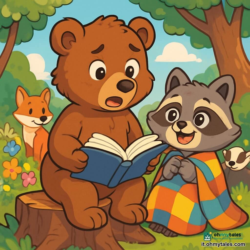 Un giovane orso bruno dal pelo morbido e setoso, di nome Bruno, è seduto su un vecchio tronco d'albero, con un'espressione di dolce concentrazione e leggera nervosità. I suoi grandi occhi rotondi brillano di eccitazione mentre tiene un libro aperto davanti a sé, le pagine che svolazzano leggermente al vento. Accanto a lui, un piccolo procione dagli occhi scintillanti, di nome Pippo, è accoccolato sotto una coperta colorata, il suo viso che irradia entusiasmo e attesa. Guarda Bruno con ammirazione, le sue piccole zampe strette attorno alle ginocchia. Sullo sfondo, il giardino del villaggio è pieno di fiori vivaci e alberi maestosi, mentre amici animali come una volpe astuta e un tasso saggio si tengono a distanza, ascoltando attentamente. La scena rappresenta Bruno mentre racconta una storia avvincente, la sua voce che risuona nell'aria, mentre Pippo e gli altri amici sono rapiti dalle sue parole, creando un'atmosfera calda e magica di condivisione e ascolto.