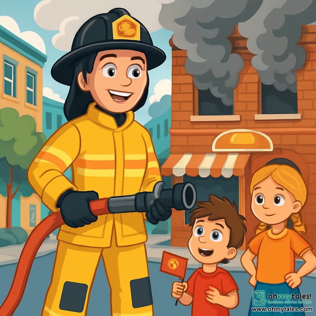 Firefighter Captain Katie stands proudly in front of an old brick building, her determined and smiling face shining with excitement. She wears a bright yellow suit, a black helmet, and rubber boots, holding a ready-to-use fire hose. Next to her, 10-year-old Max, with messy brown hair, looks on in admiration, his eyes wide. He wears a red t-shirt and blue shorts, holding a small firefighter flag. A little further away, 9-year-old Sarah, with blonde braids and a reassuring smile, watches attentively with her hands on her hips, eager to learn. The scene is set on a busy city street with colorful buildings and green trees, but thick gray smoke billows from a bakery's windows, creating a dramatic contrast. Captain Katie is explaining to the children how she will extinguish the fire, teaching them about safety while preparing to enter the burning building.